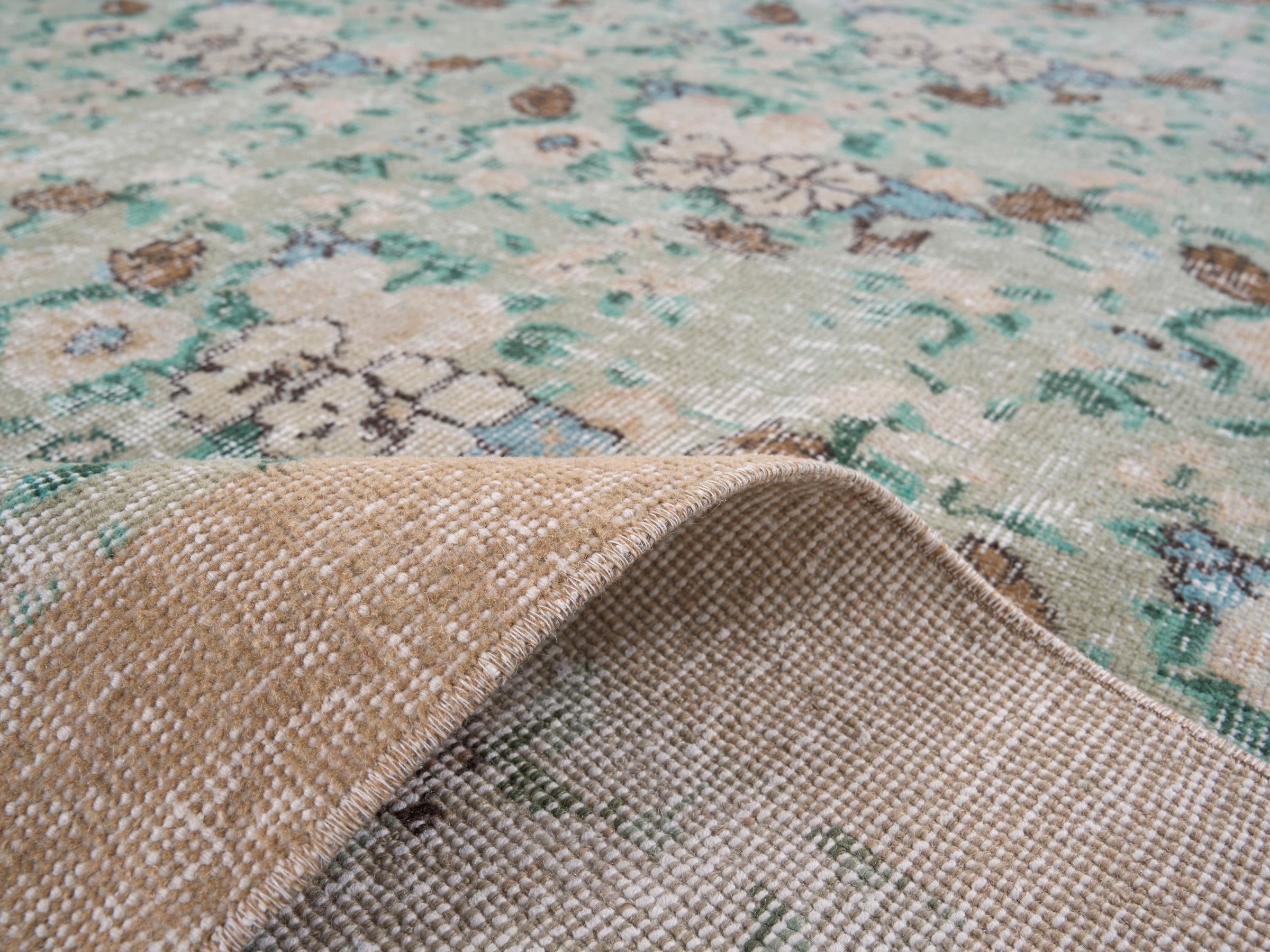 Turkish Isparta area rug in celadon and taupe, view 9 of 10