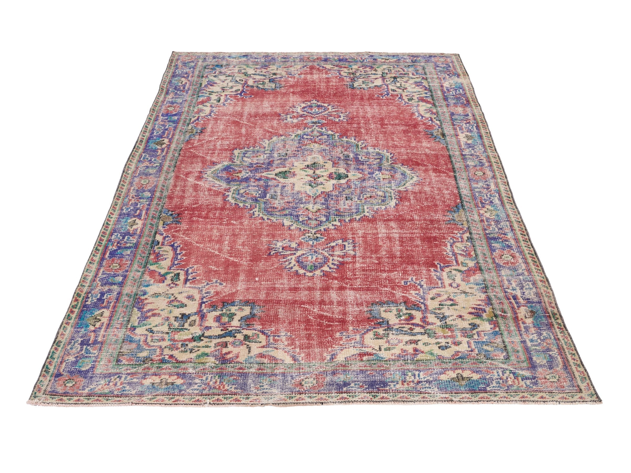 Turkish Manisa area rug in faded red and dark blue, view 2 of 10