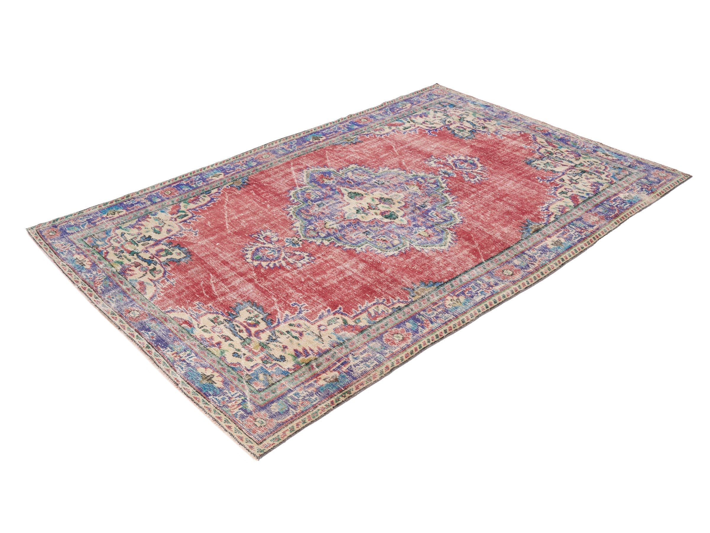 Turkish Manisa area rug in faded red and dark blue, view 3 of 10
