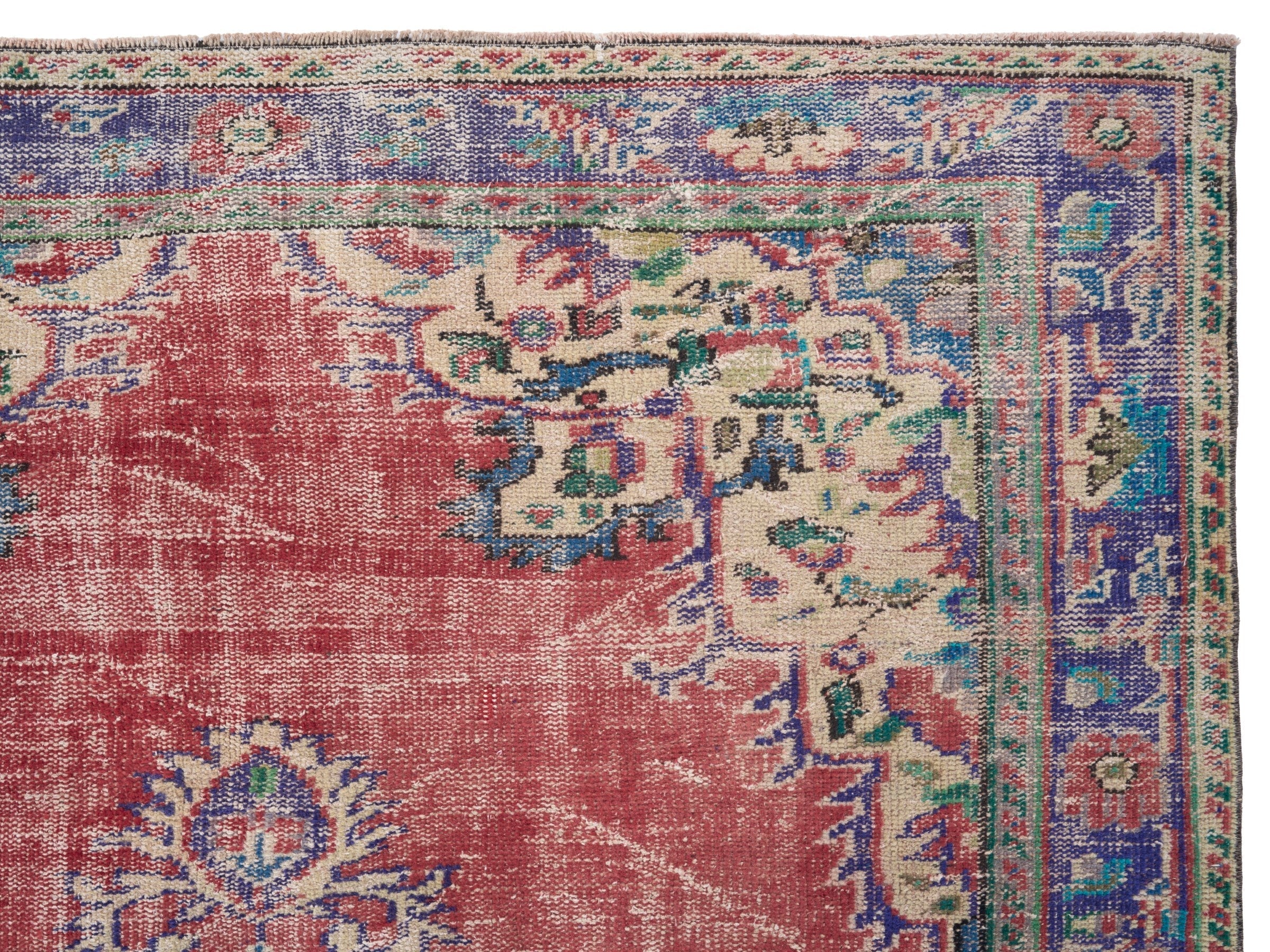 Turkish Manisa area rug in faded red and dark blue, view 8 of 10
