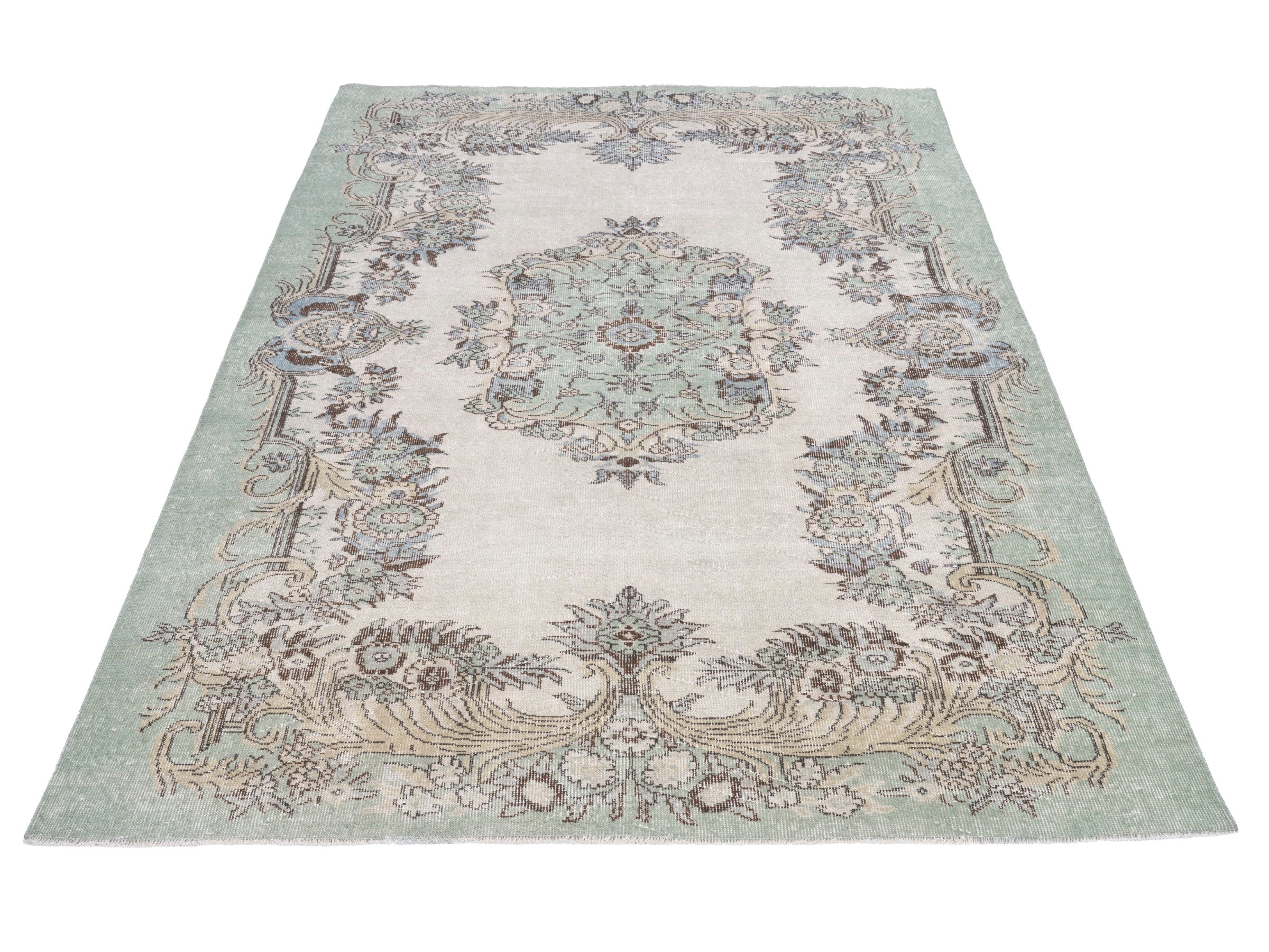 Turkish Isparta area rug in sage and off-white, view 2 of 10