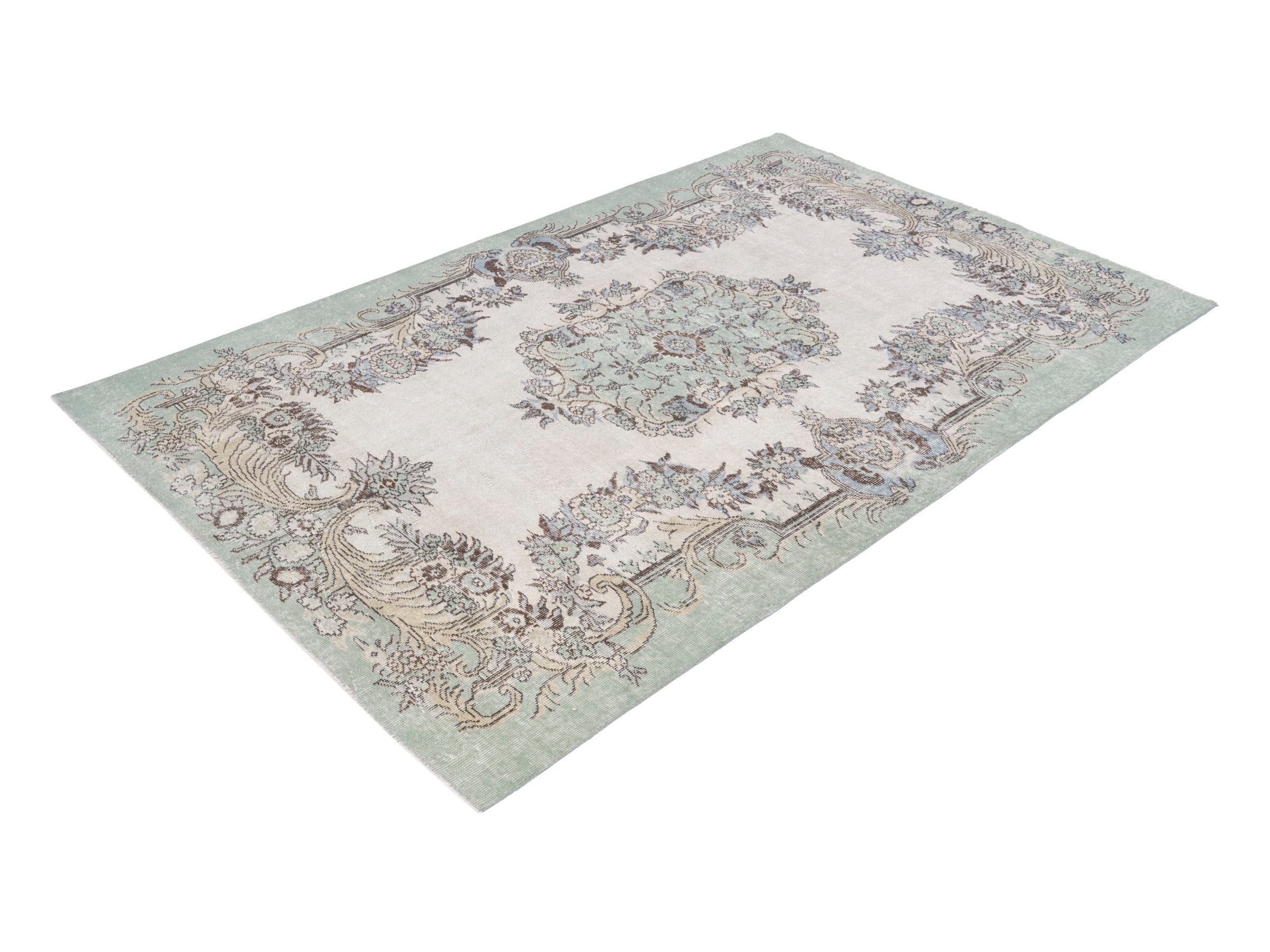 Turkish Isparta area rug in sage and off-white, view 3 of 10