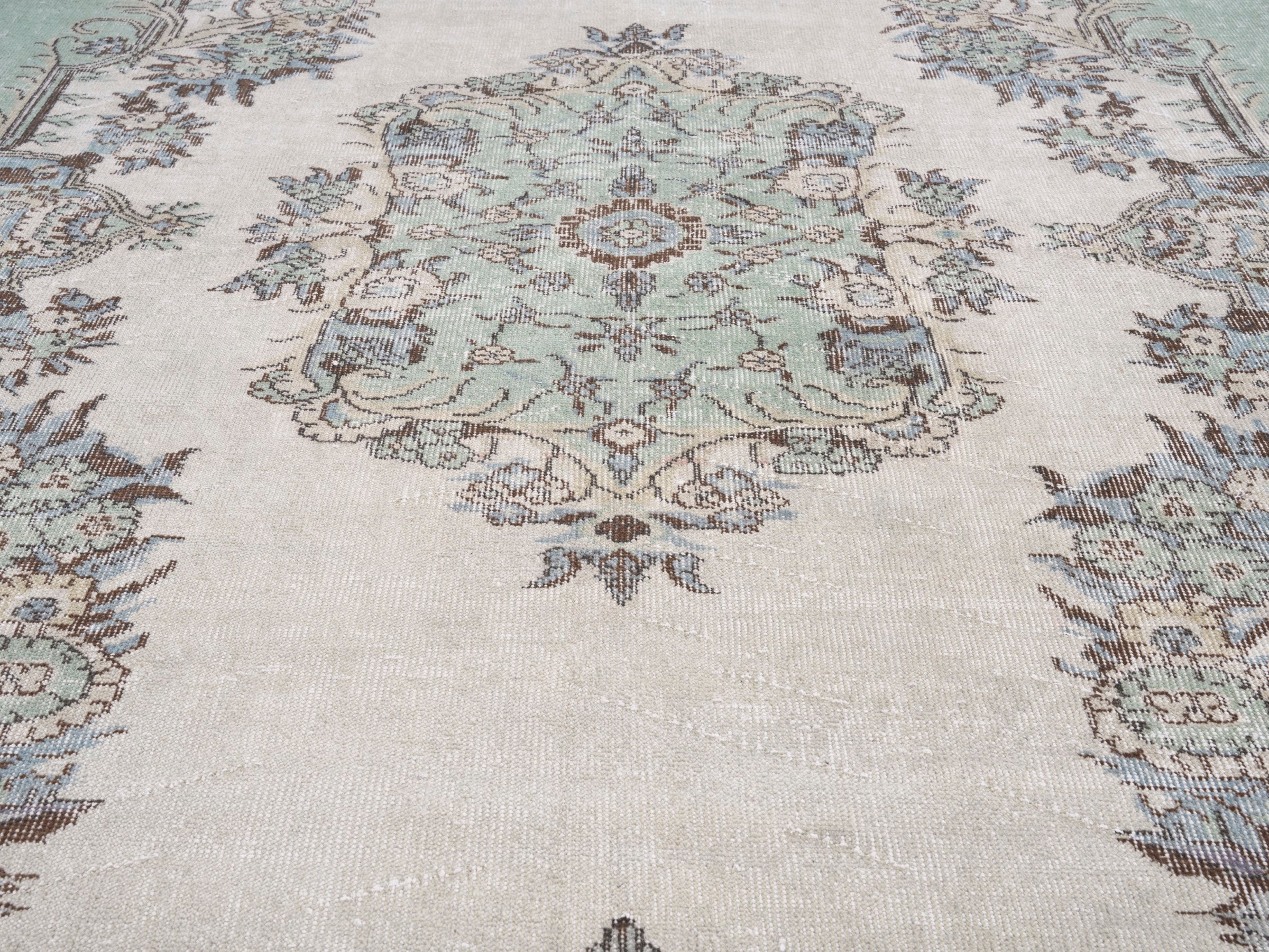Turkish Isparta area rug in sage and off-white, view 4 of 10