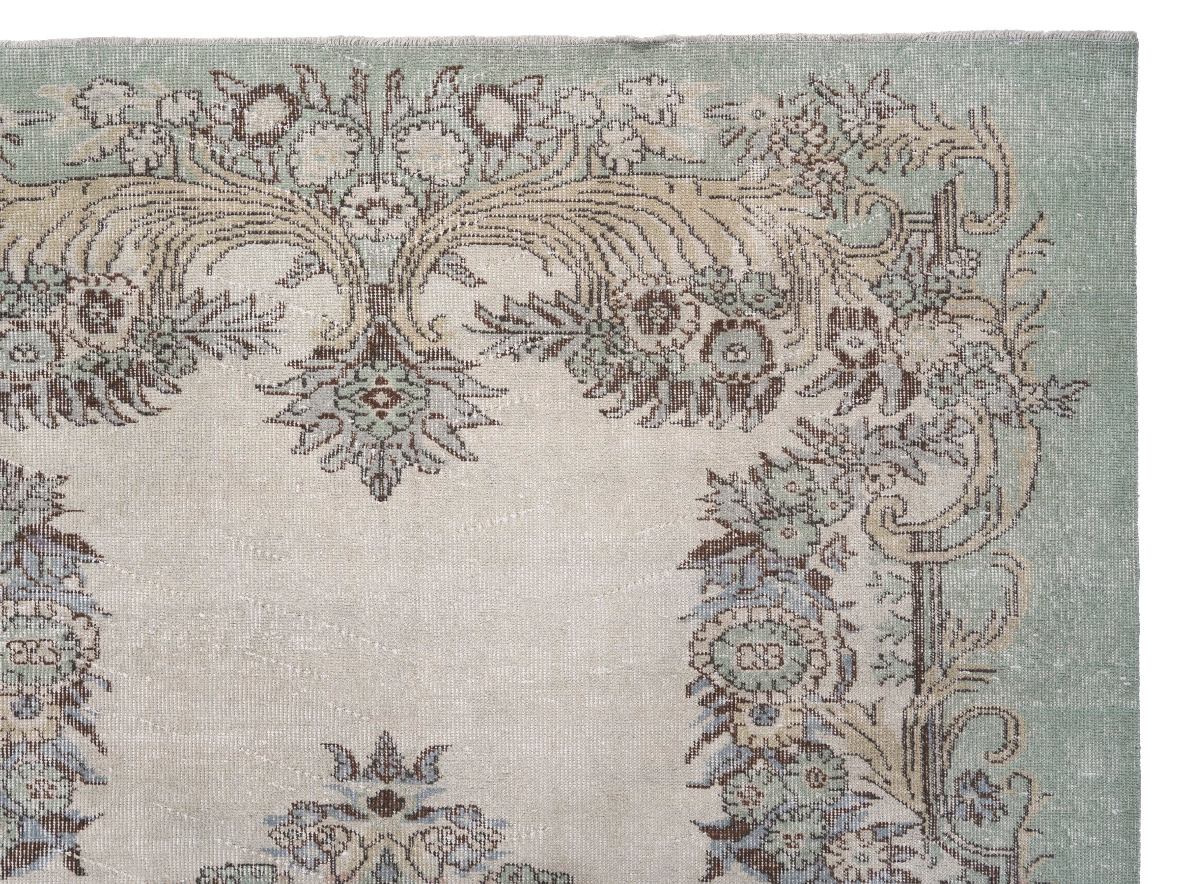 Turkish Isparta area rug in sage and off-white, view 8 of 10