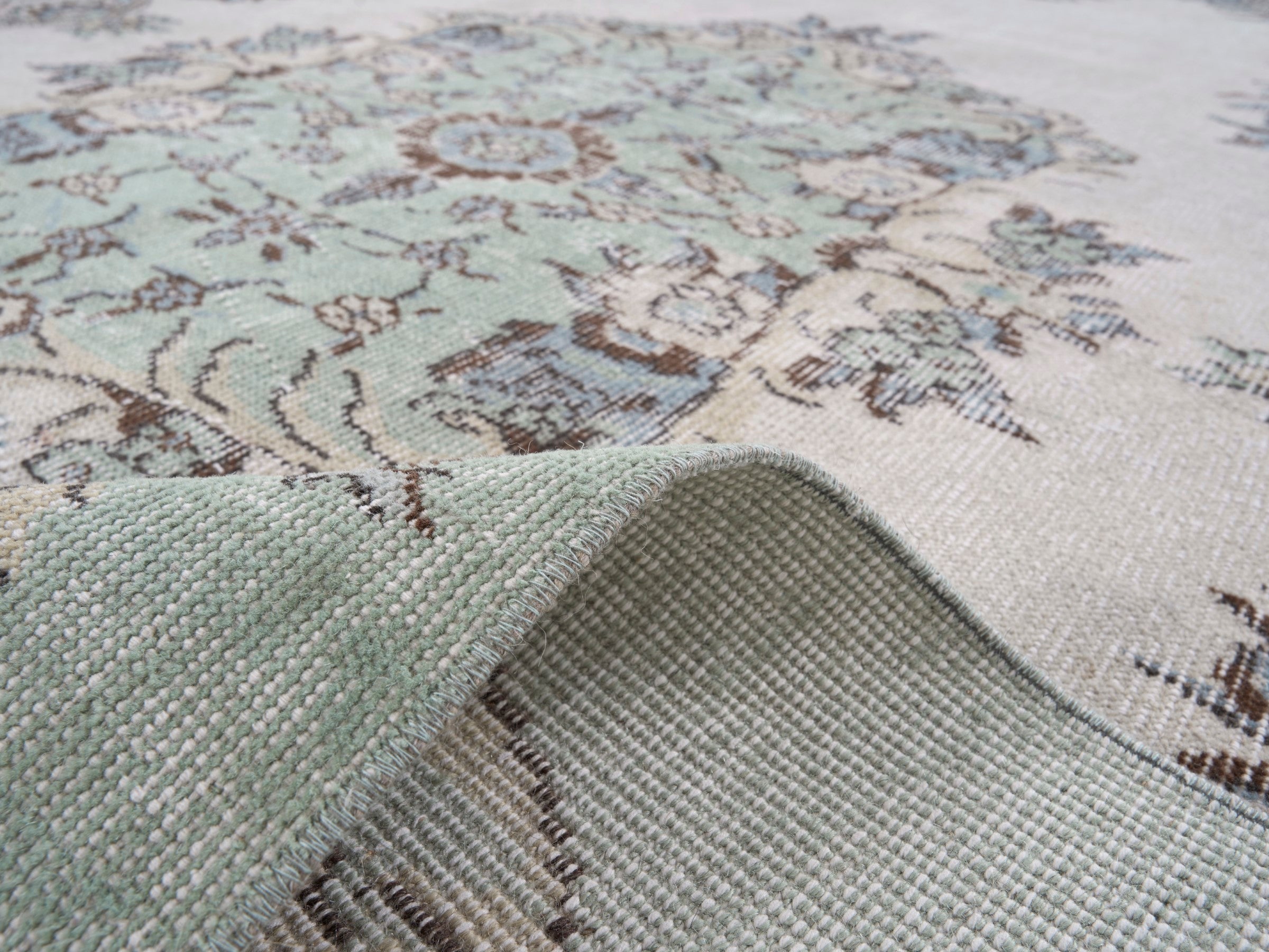 Turkish Isparta area rug in sage and off-white, view 9 of 10