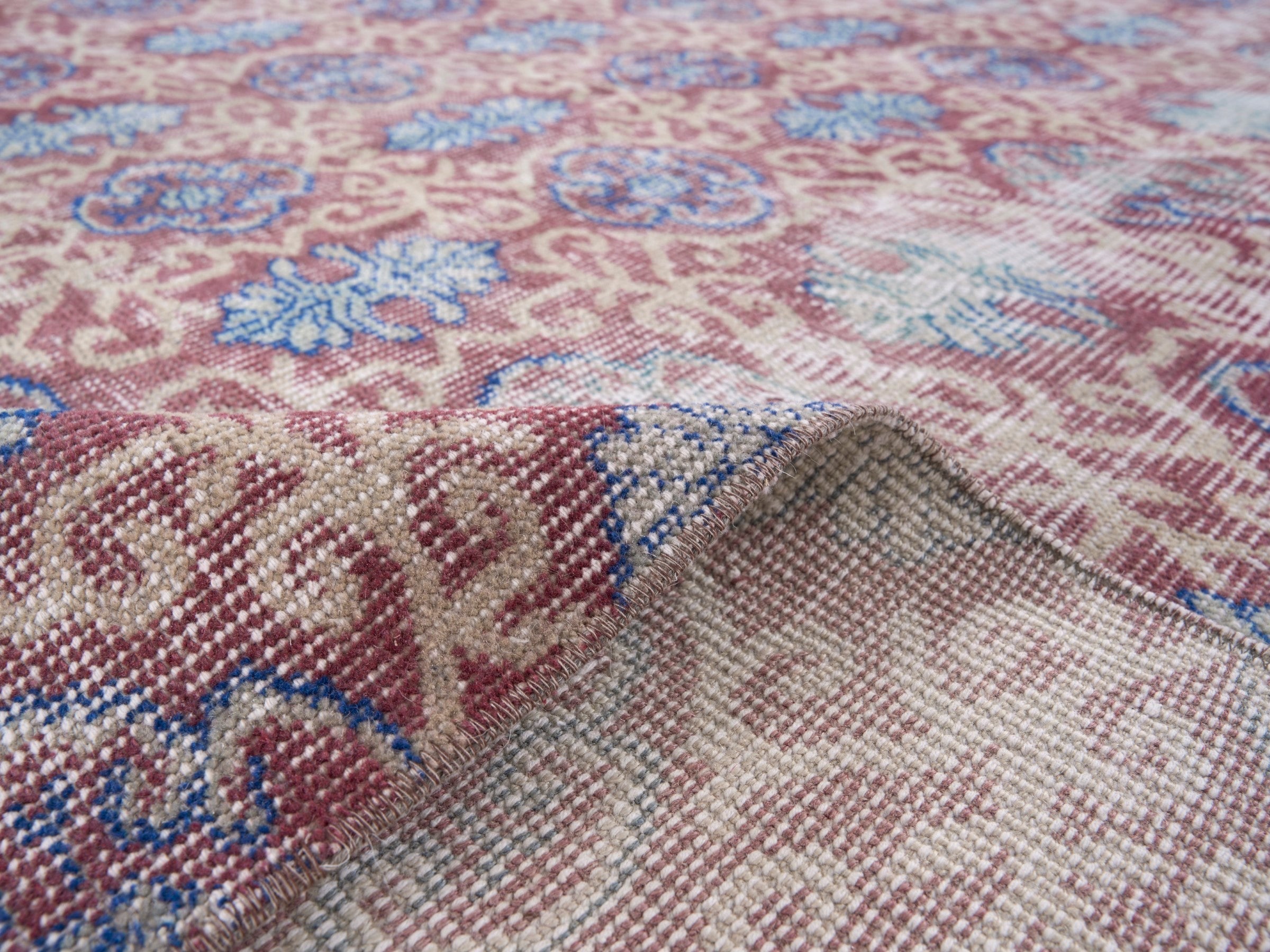 Turkish Isparta area rug in beige and dusty blue, view 9 of 10