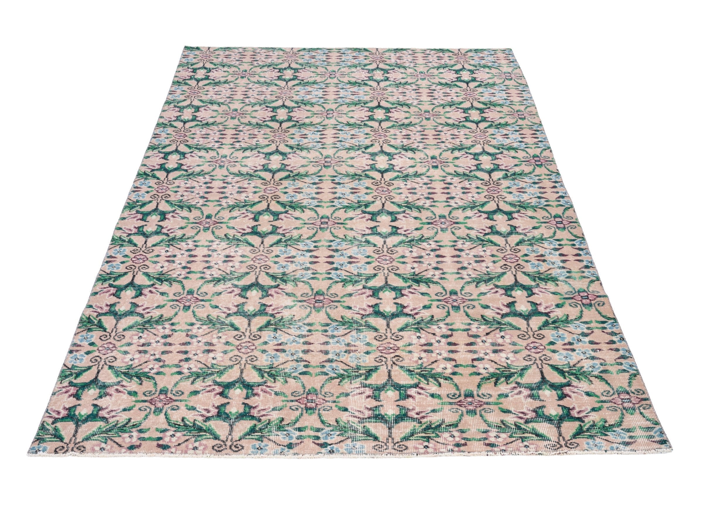 Turkish Isparta area rug in muted pink and emerald, view 2 of 10