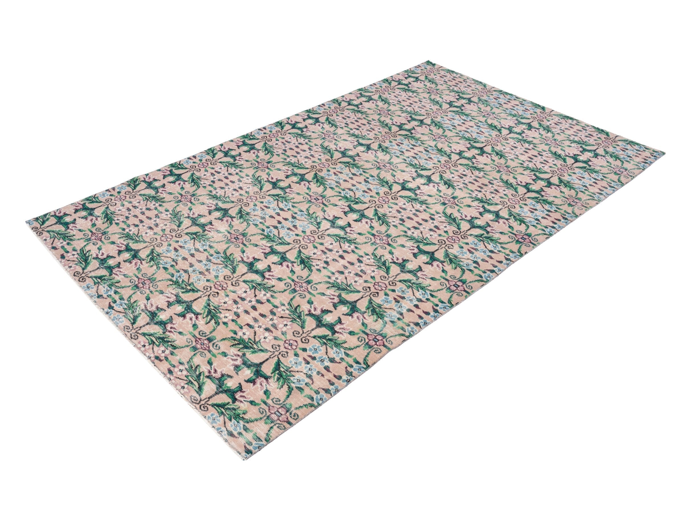 Turkish Isparta area rug in muted pink and emerald, view 3 of 10