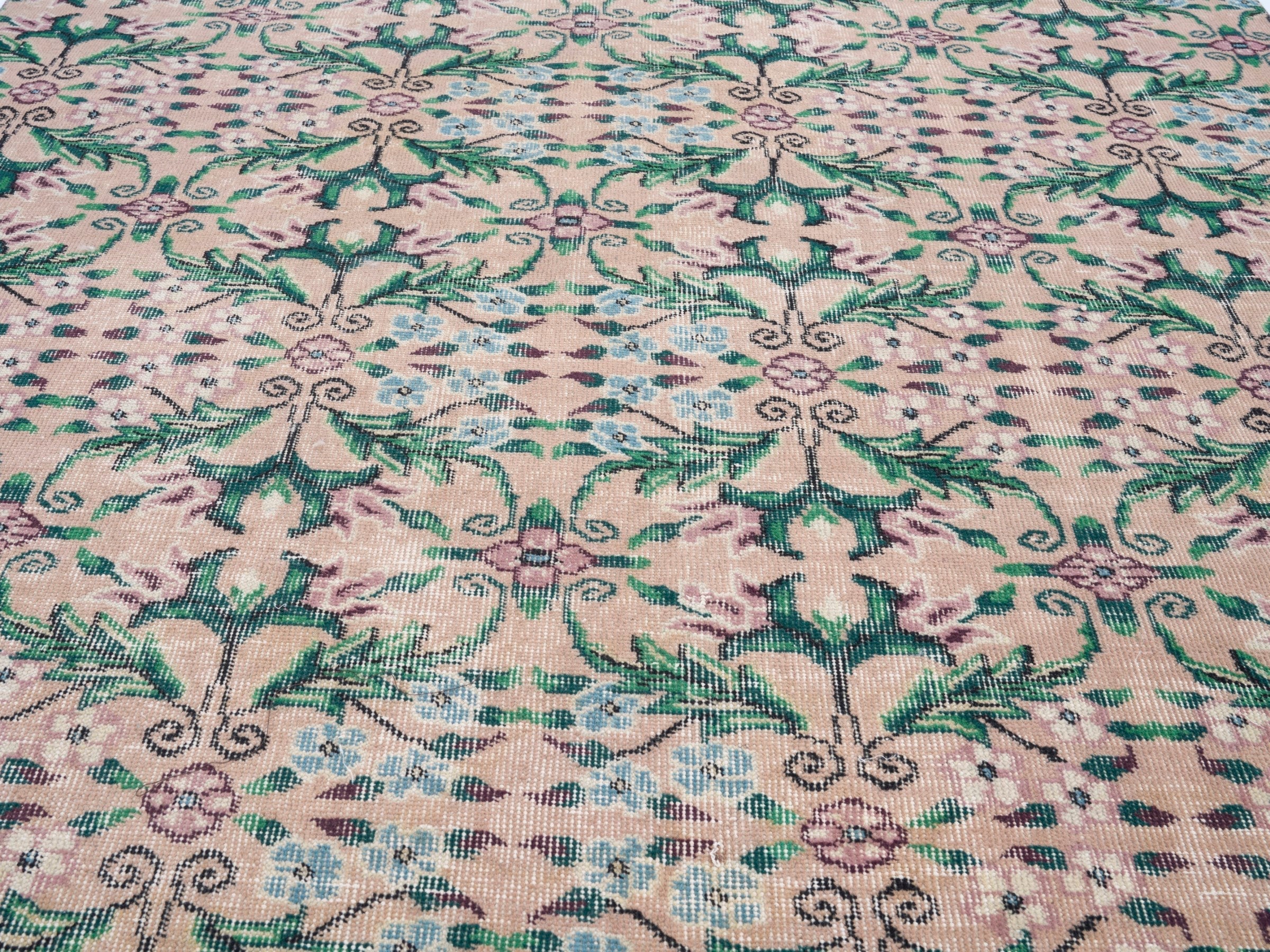 Turkish Isparta area rug in muted pink and emerald, view 4 of 10