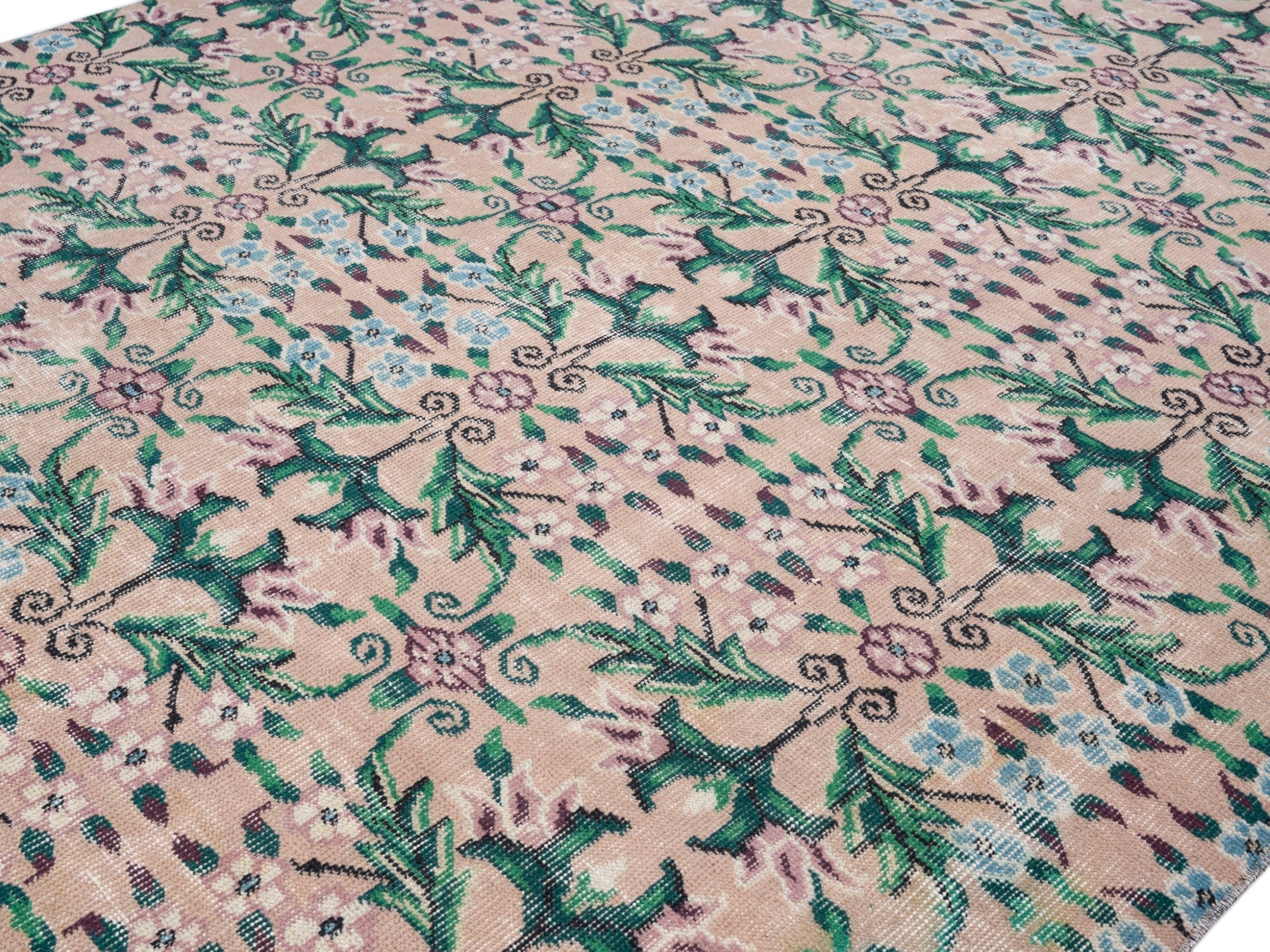 Turkish Isparta area rug in muted pink and emerald, view 5 of 10