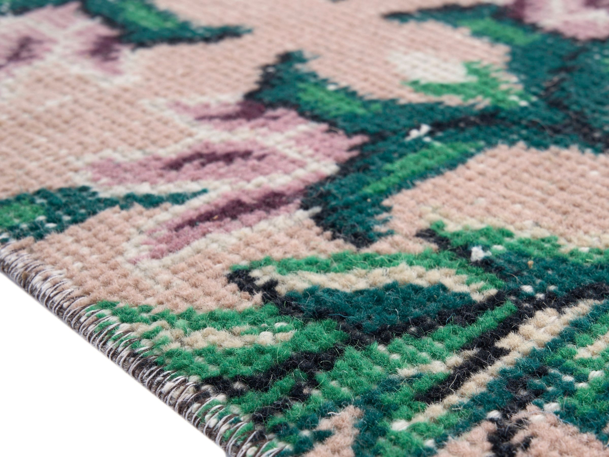 Turkish Isparta area rug in muted pink and emerald, view 6 of 10