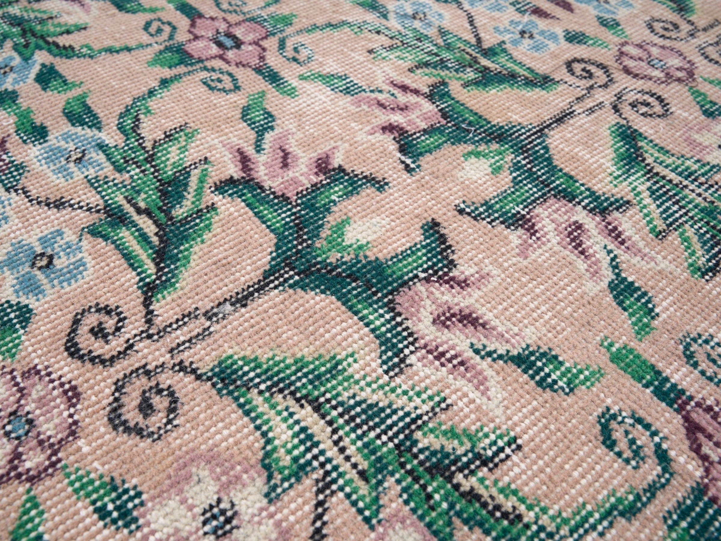 Turkish Isparta area rug in muted pink and emerald, view 7 of 10
