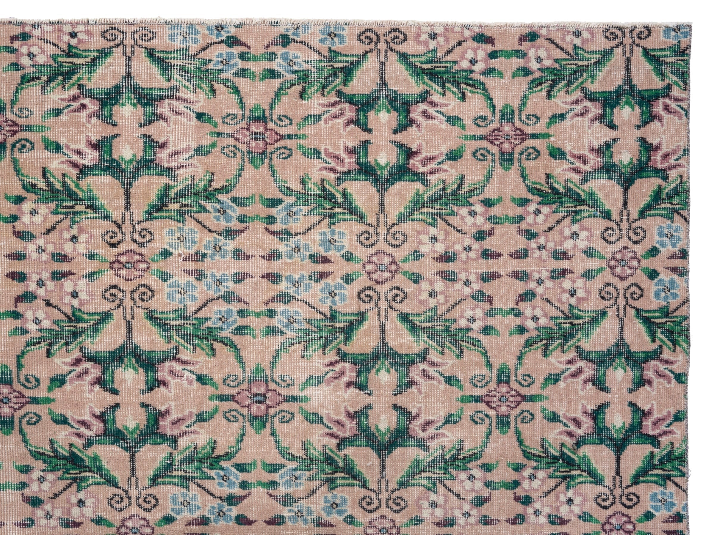 Turkish Isparta area rug in muted pink and emerald, view 8 of 10