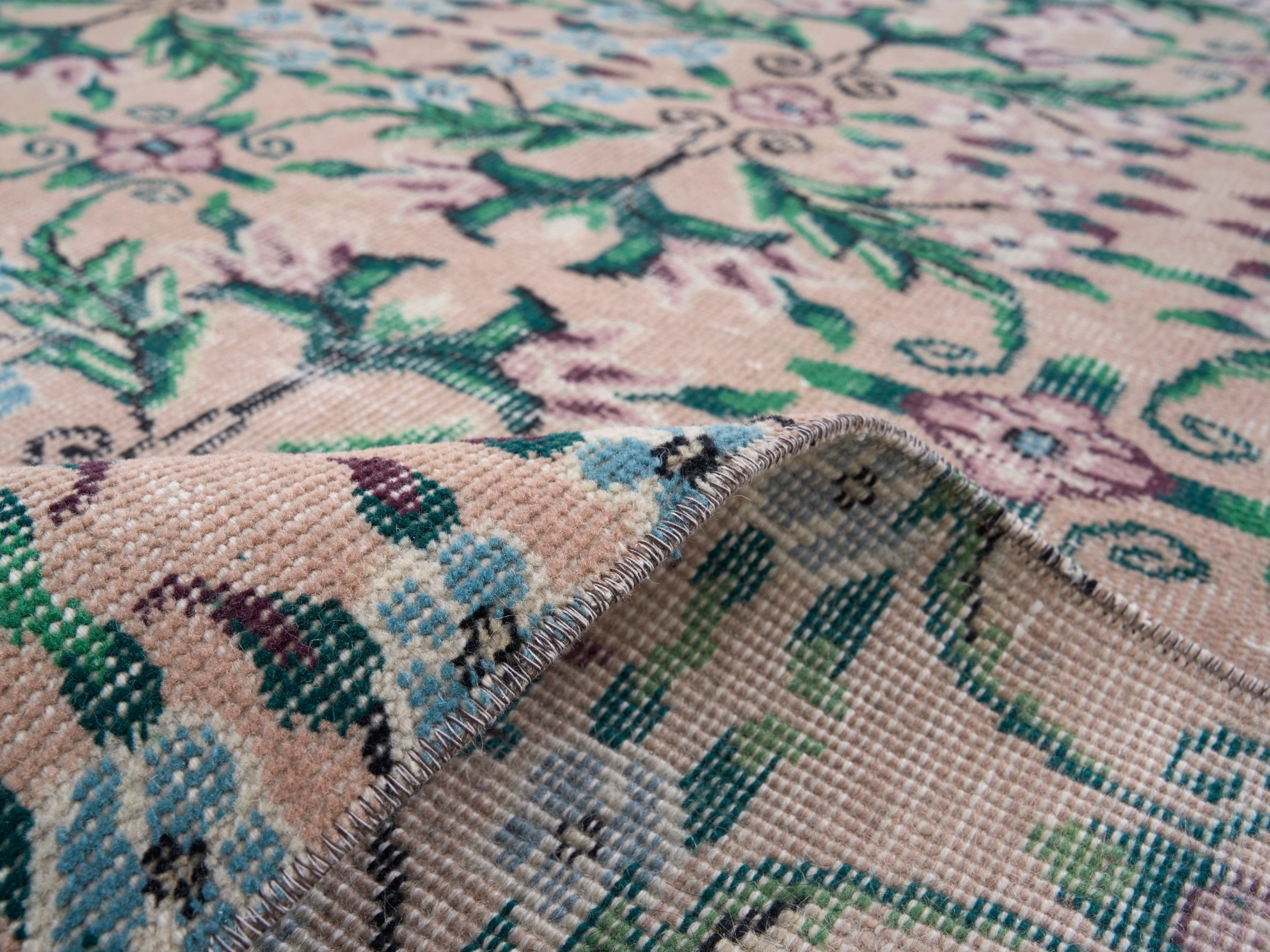 Turkish Isparta area rug in muted pink and emerald, view 9 of 10