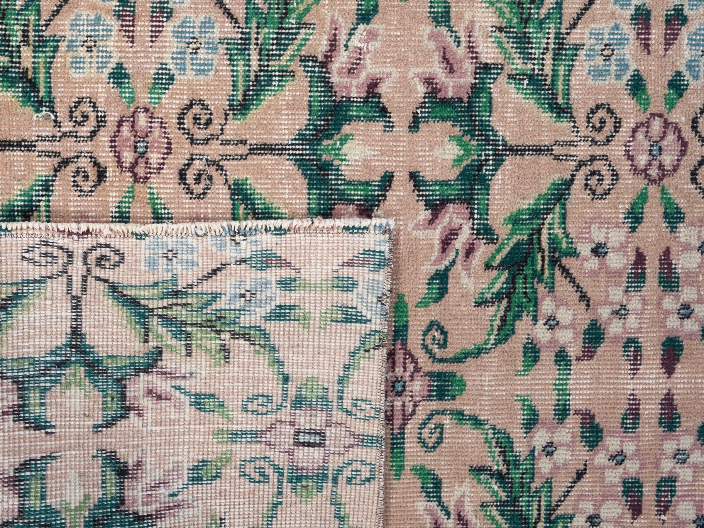 Turkish Isparta area rug in muted pink and emerald, view 10 of 10