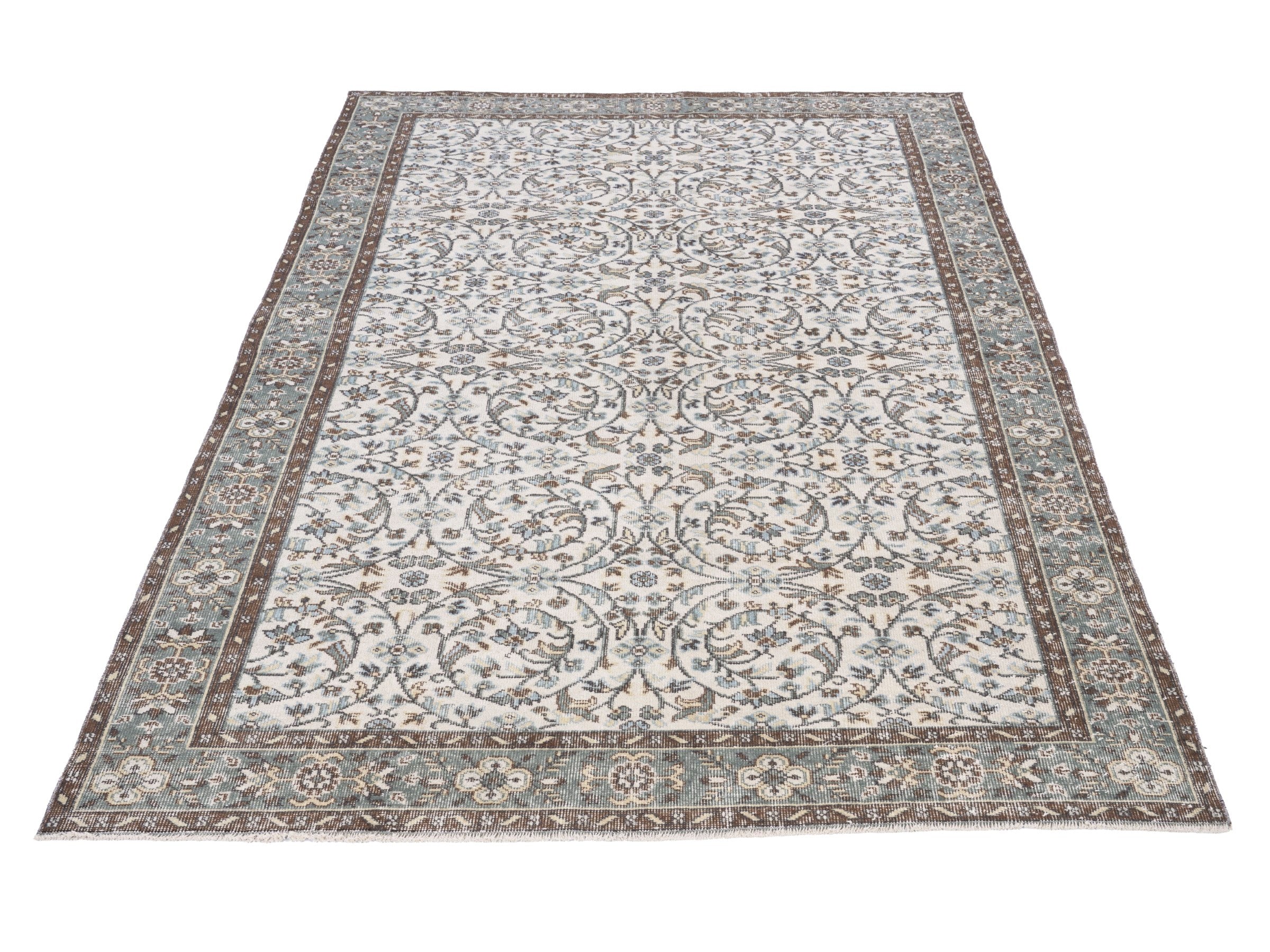 Turkish Isparta area rug in ivory and sage, view 2 of 10