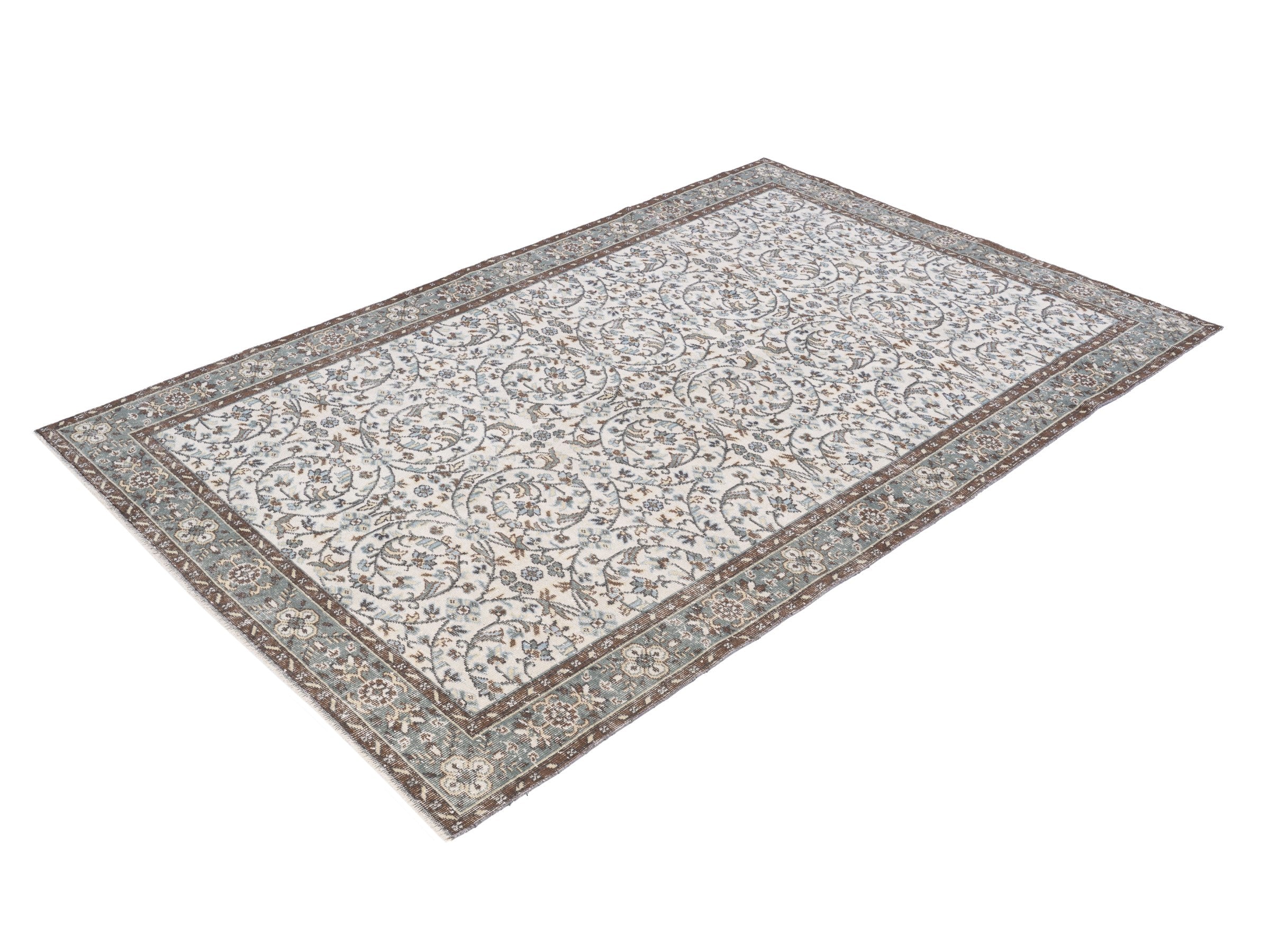 Turkish Isparta area rug in ivory and sage, view 3 of 10