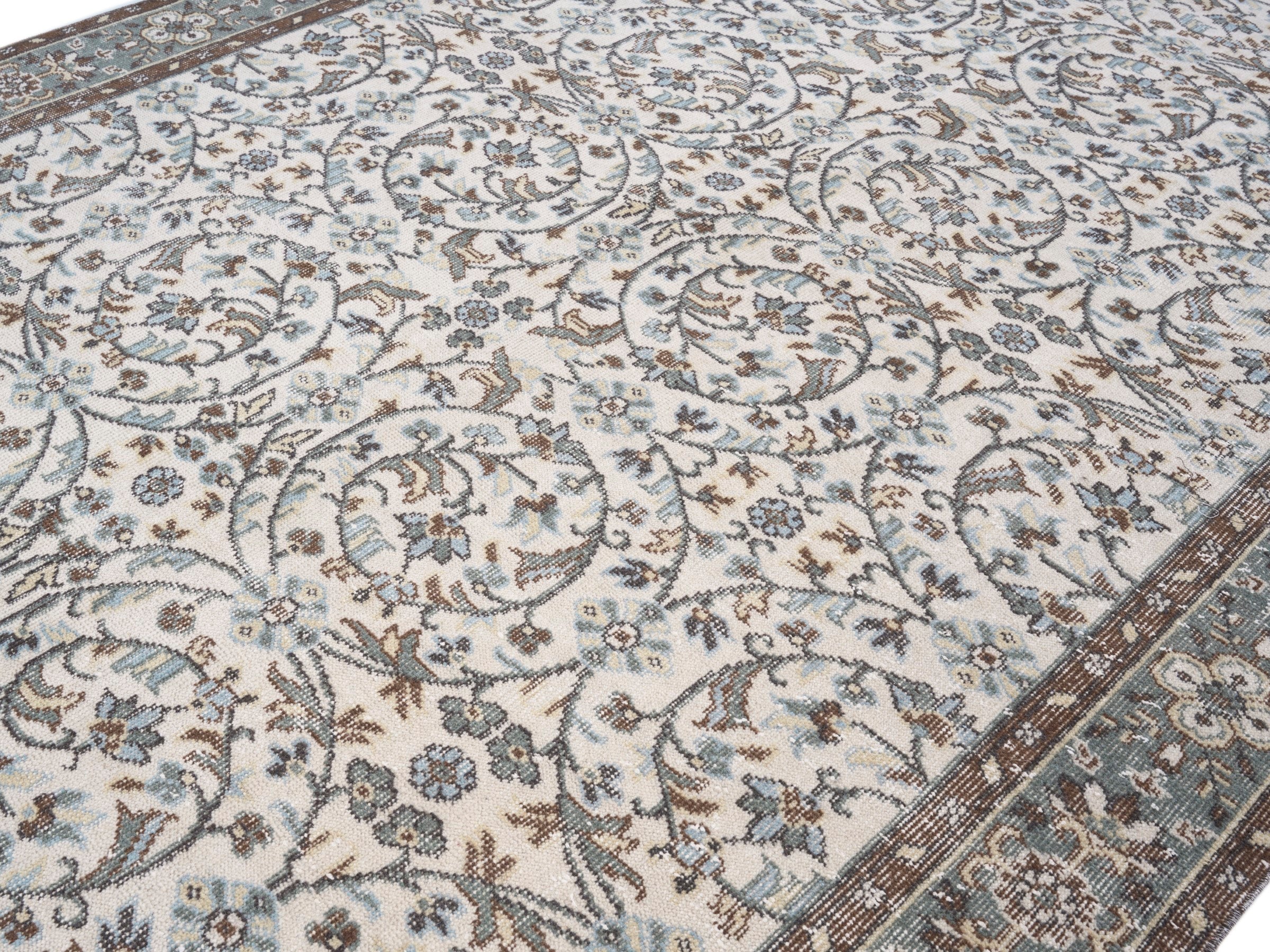 Turkish Isparta area rug in ivory and sage, view 5 of 10