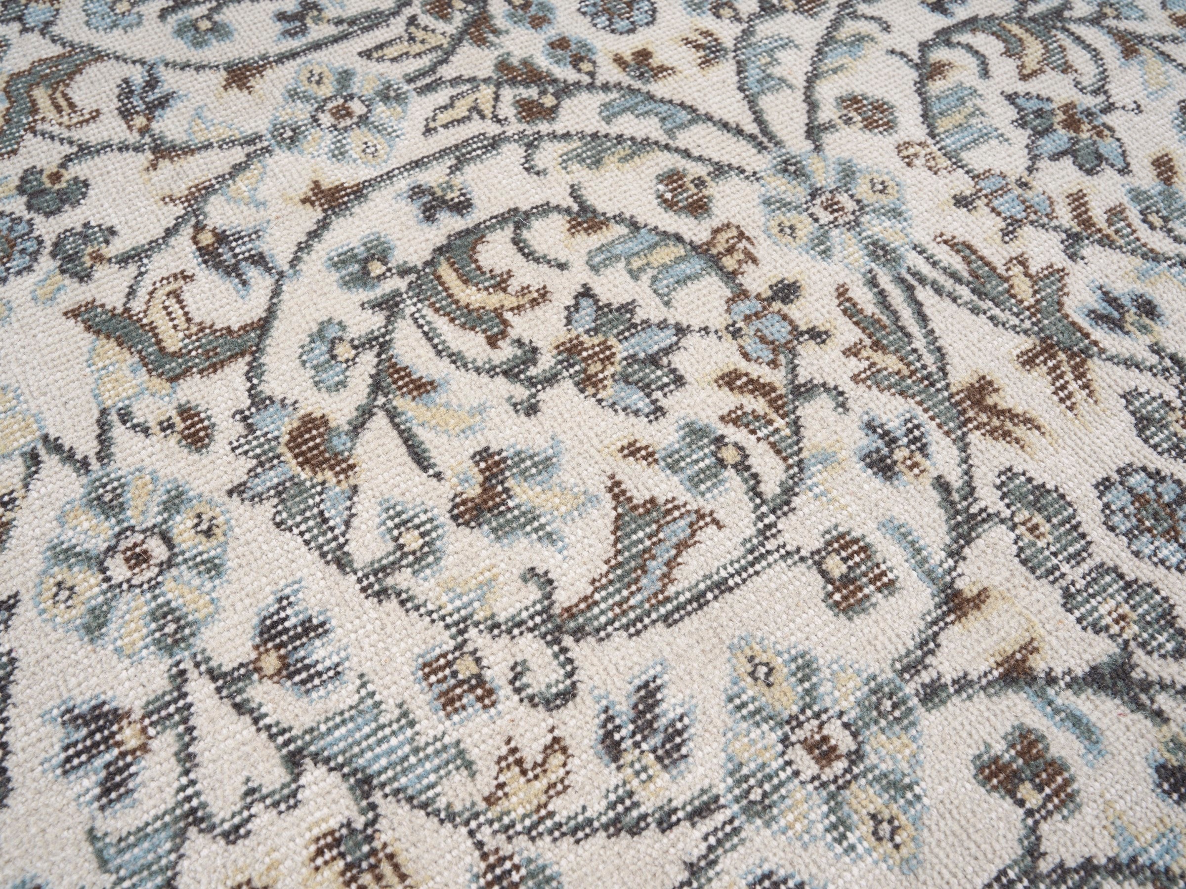 Turkish Isparta area rug in ivory and sage, view 7 of 10
