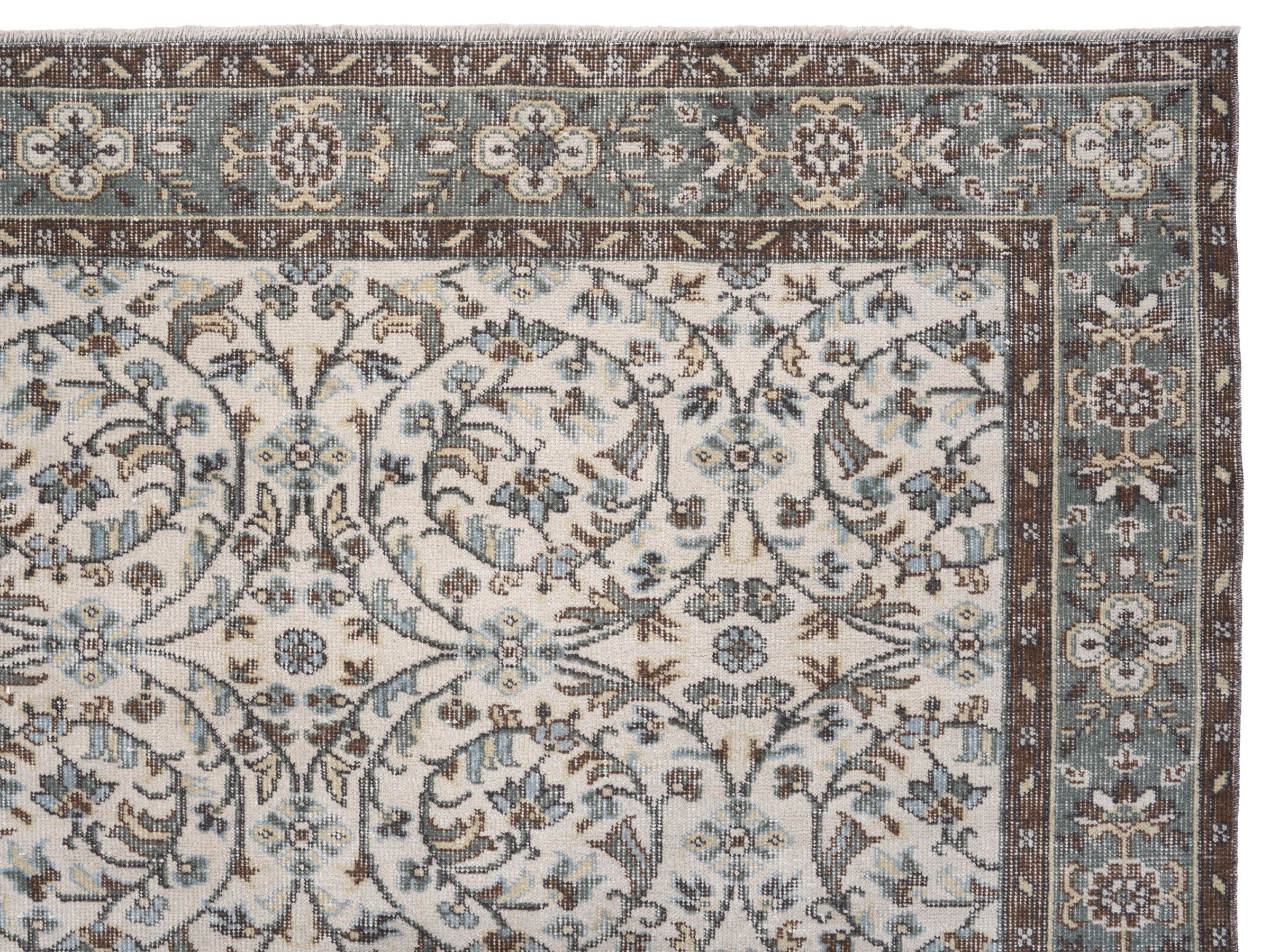 Turkish Isparta area rug in ivory and sage, view 8 of 10