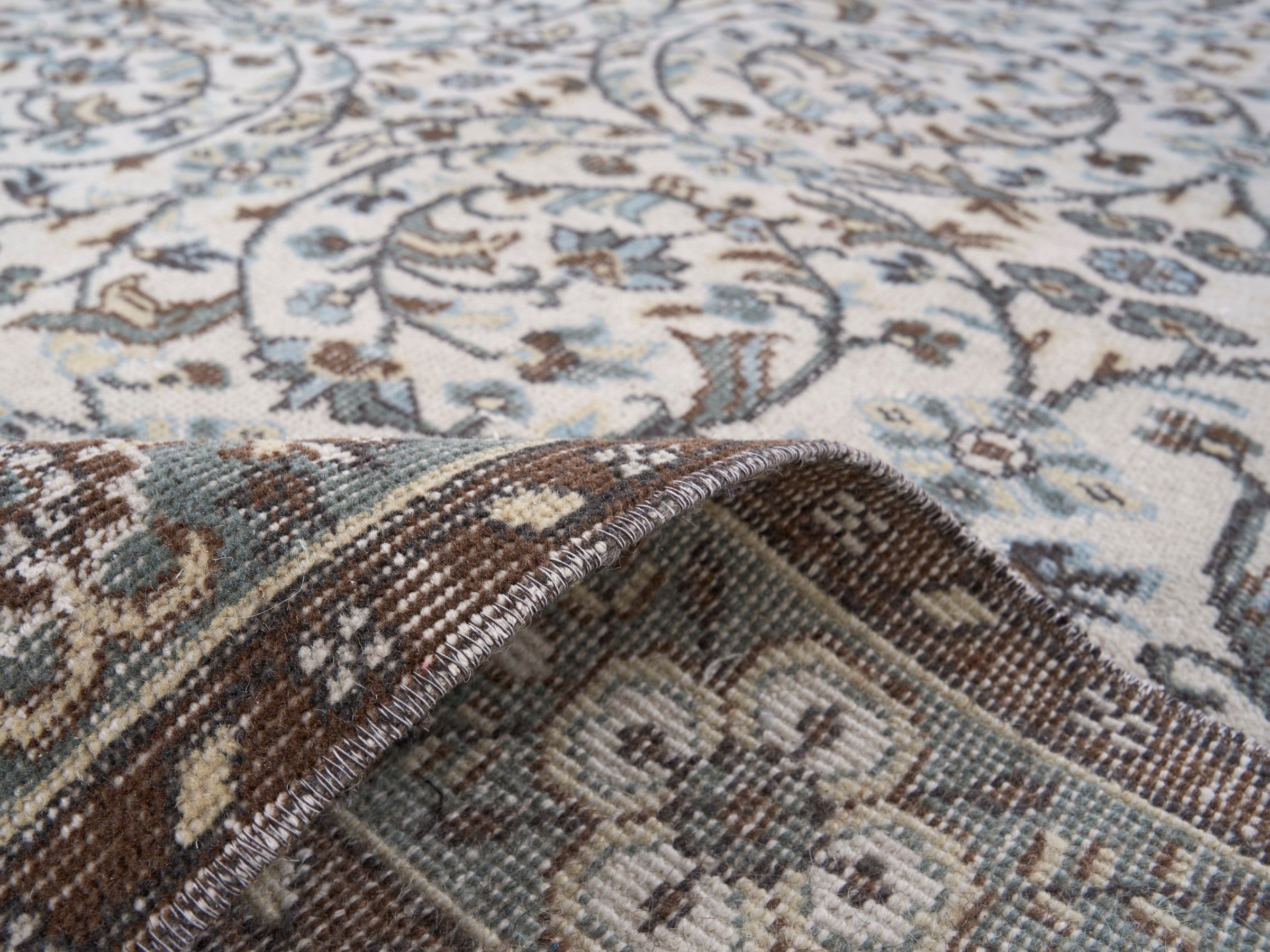 Turkish Isparta area rug in ivory and sage, view 9 of 10