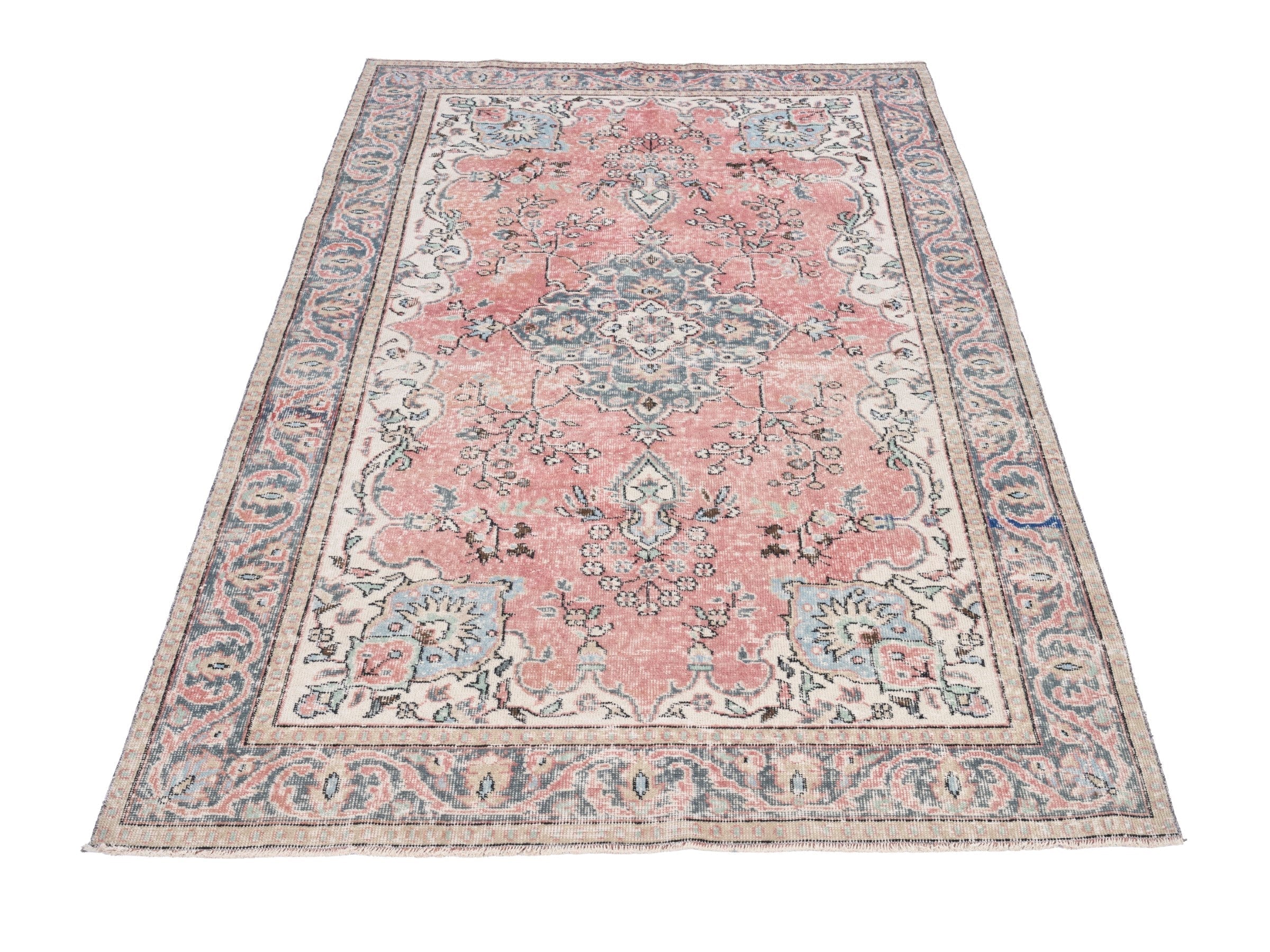 Turkish Isparta area rug in dusty rose and blue gray, view 2 of 10