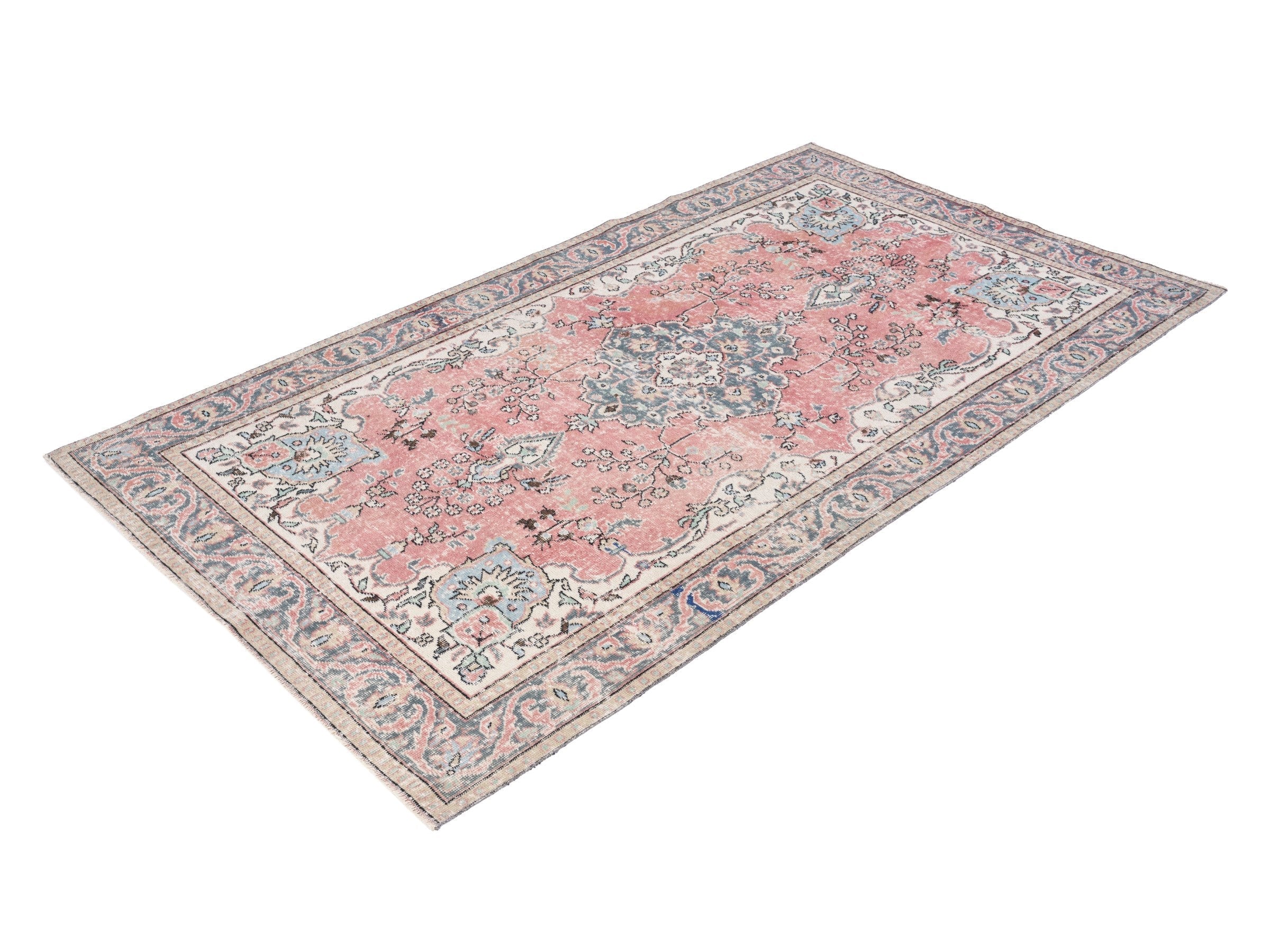 Turkish Isparta area rug in dusty rose and blue gray, view 3 of 10