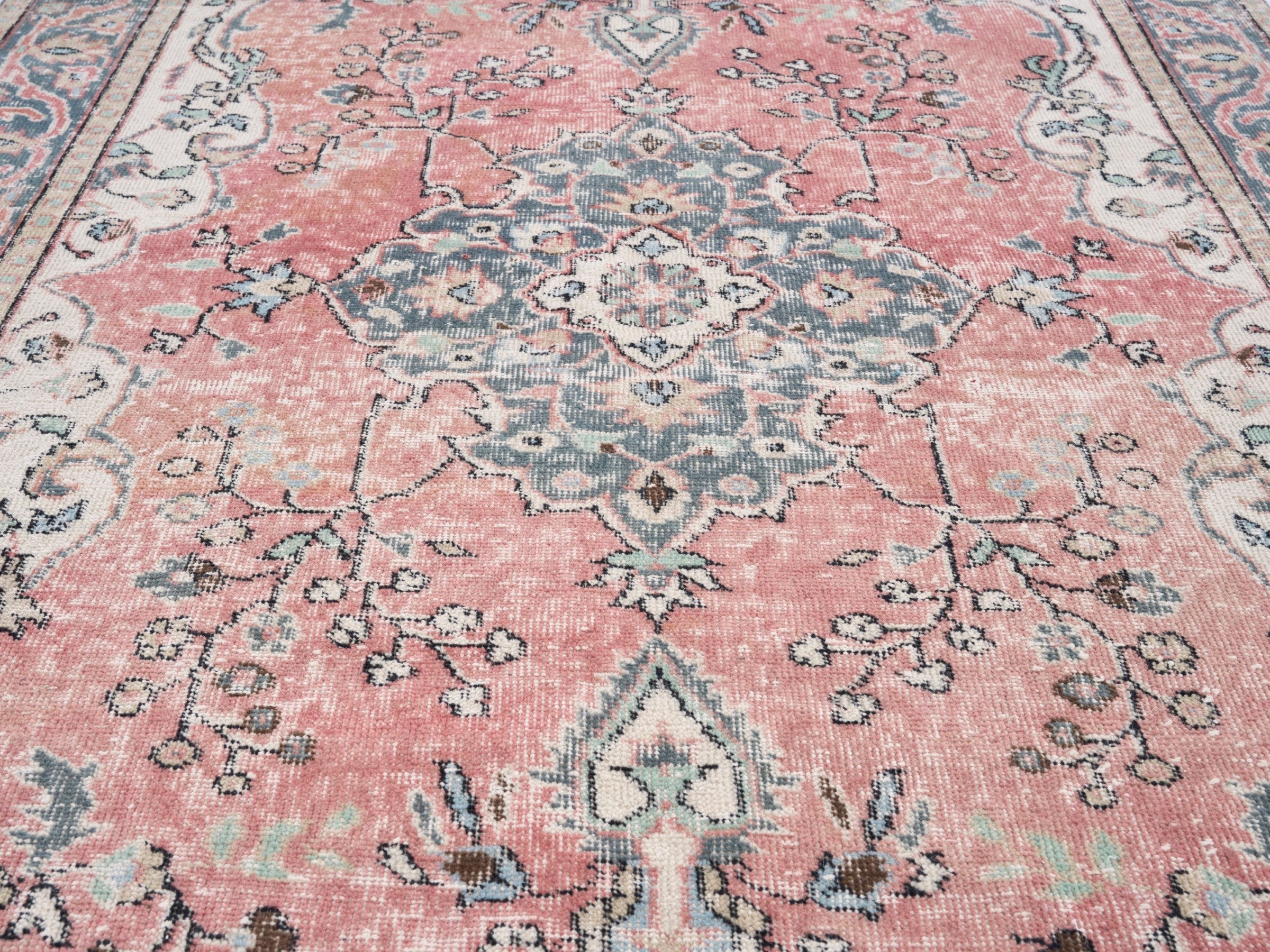 Turkish Isparta area rug in dusty rose and blue gray, view 4 of 10