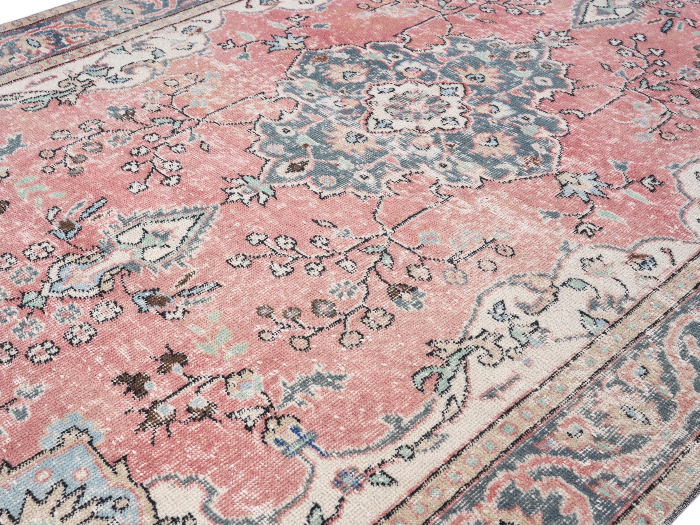 Turkish Isparta area rug in dusty rose and blue gray, view 5 of 10