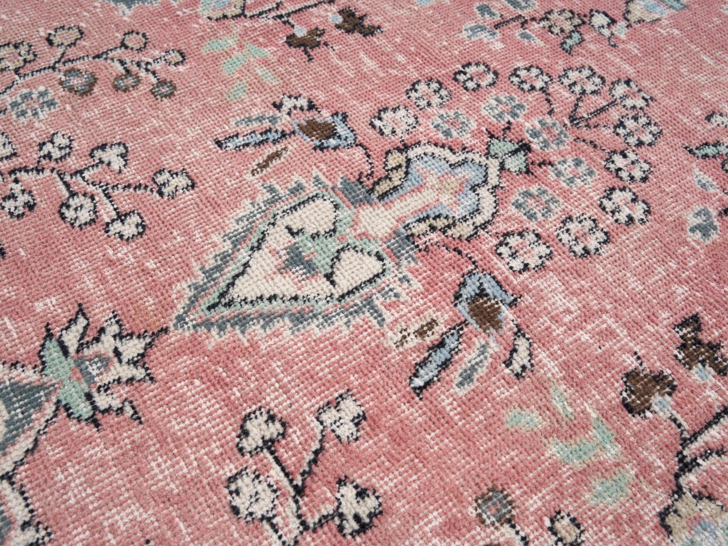 Turkish Isparta area rug in dusty rose and blue gray, view 7 of 10