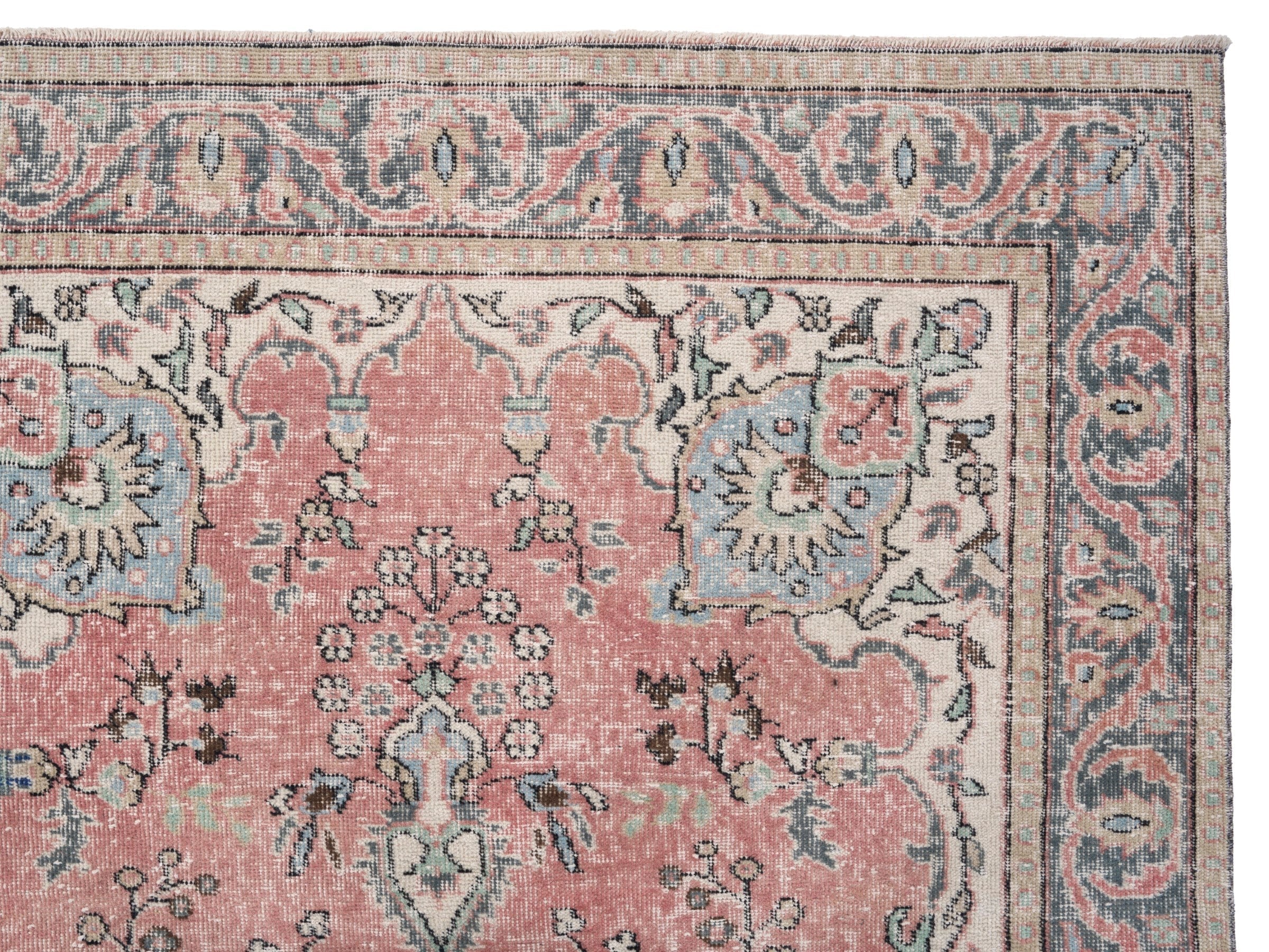Turkish Isparta area rug in dusty rose and blue gray, view 8 of 10