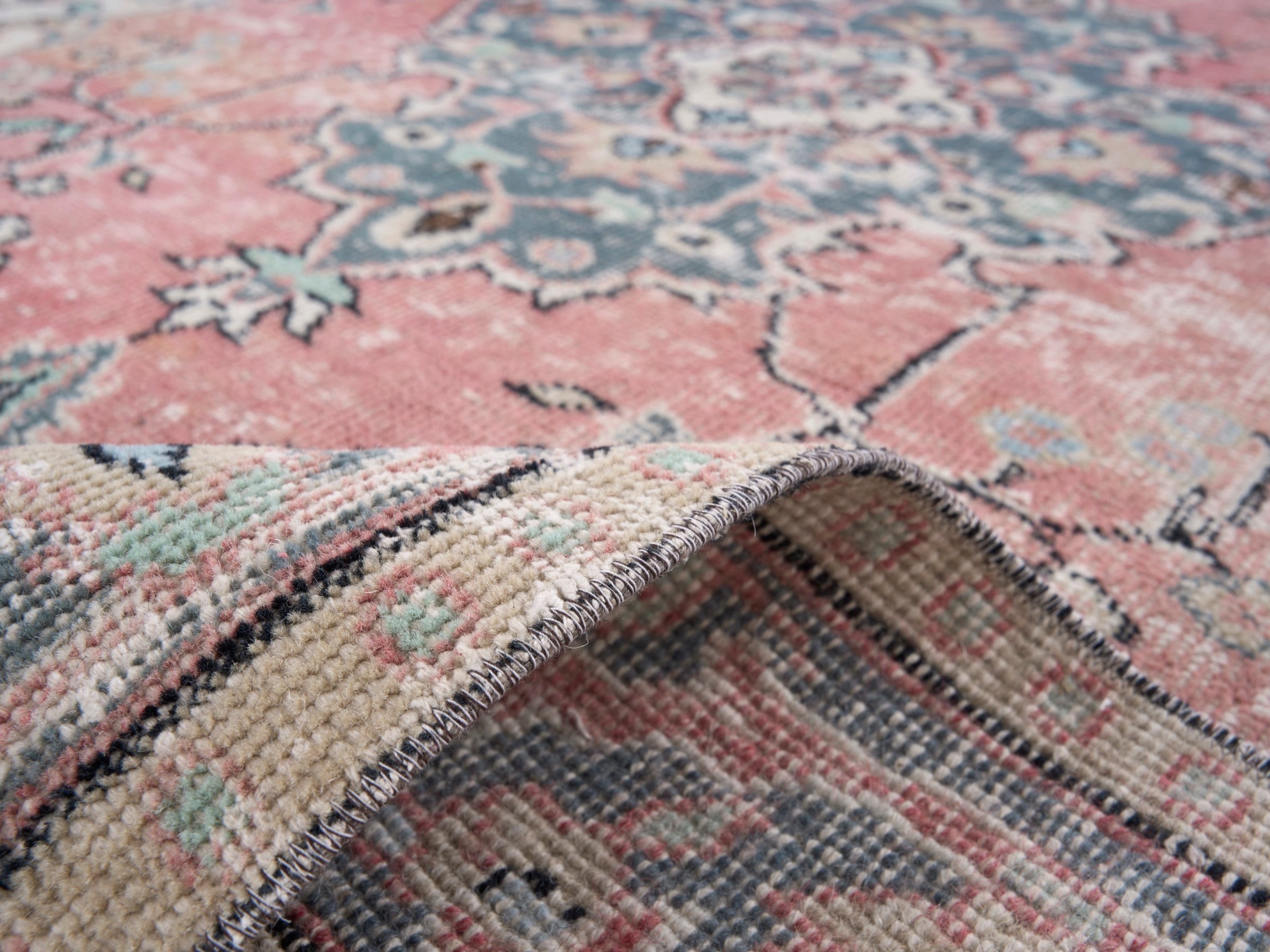 Turkish Isparta area rug in dusty rose and blue gray, view 9 of 10
