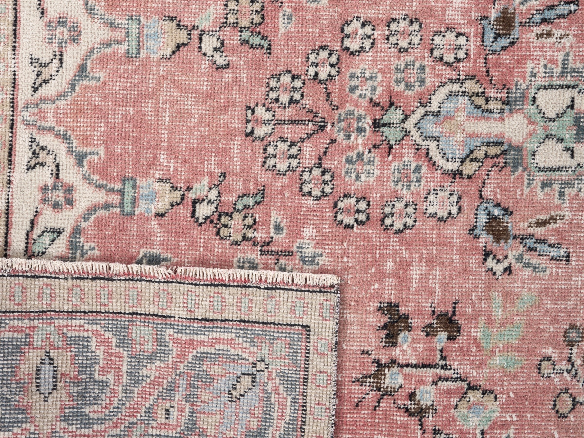Turkish Isparta area rug in dusty rose and blue gray, view 10 of 10