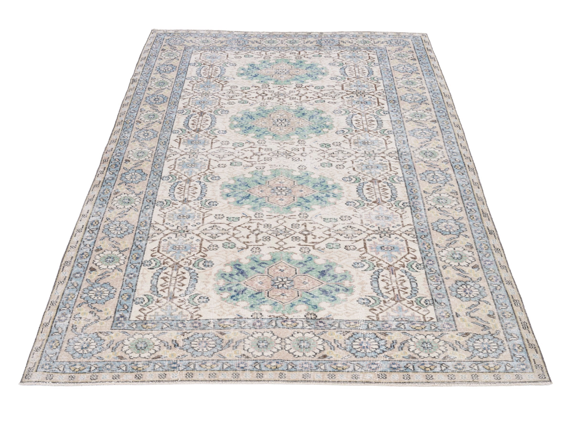 Turkish Isparta area rug in cream and blue gray, view 2 of 10