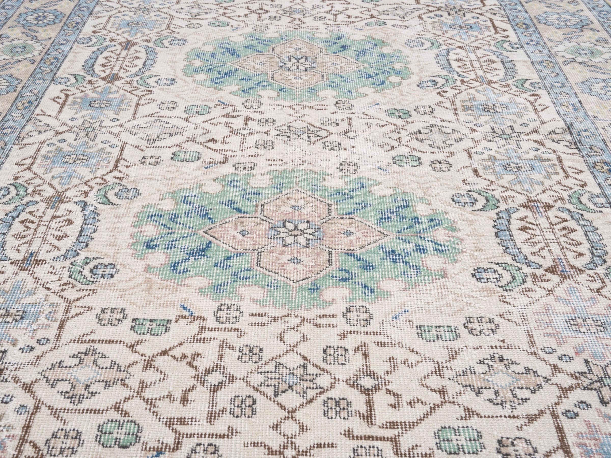 Turkish Isparta area rug in cream and blue gray, view 4 of 10