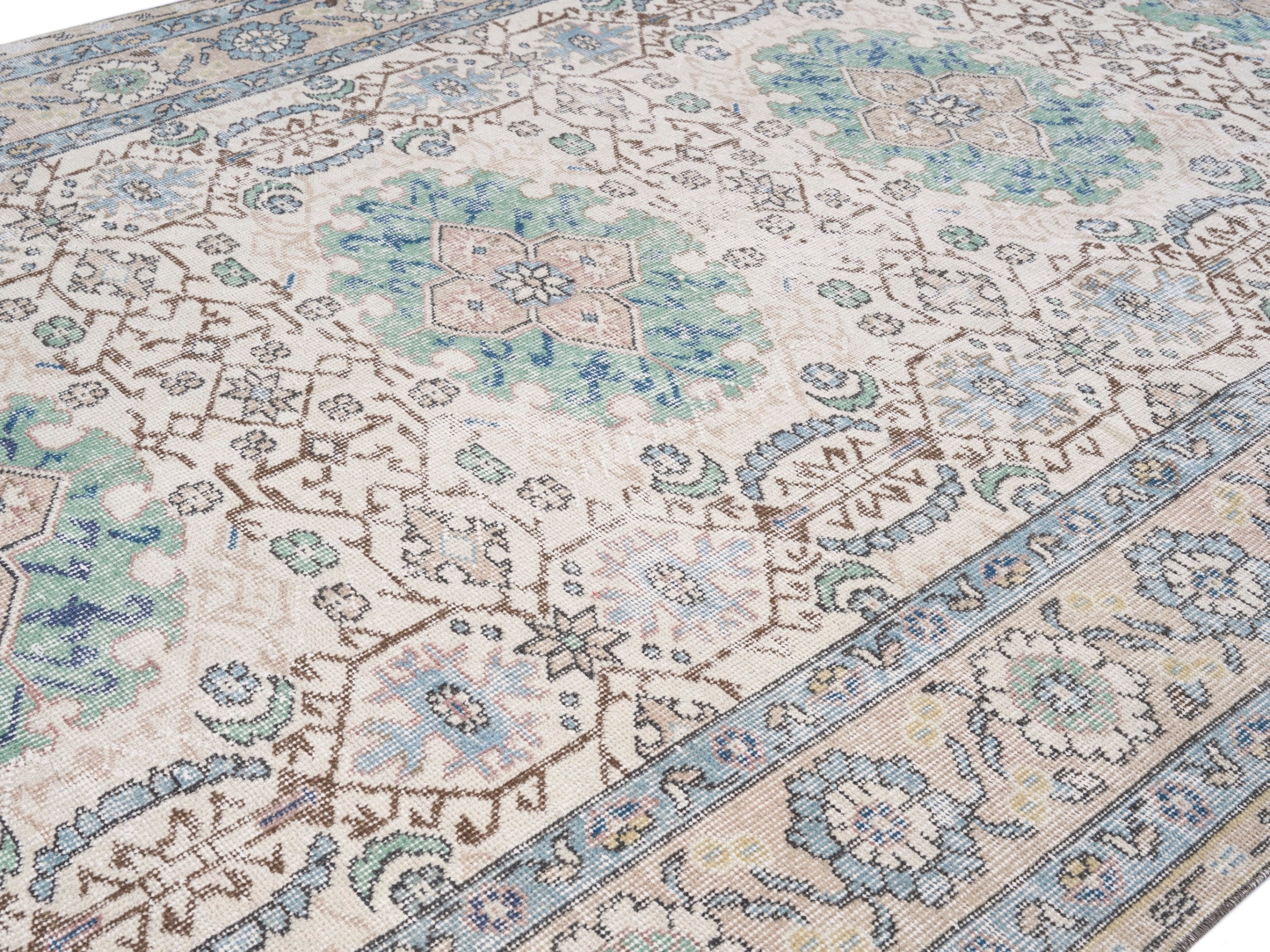 Turkish Isparta area rug in cream and blue gray, view 5 of 10