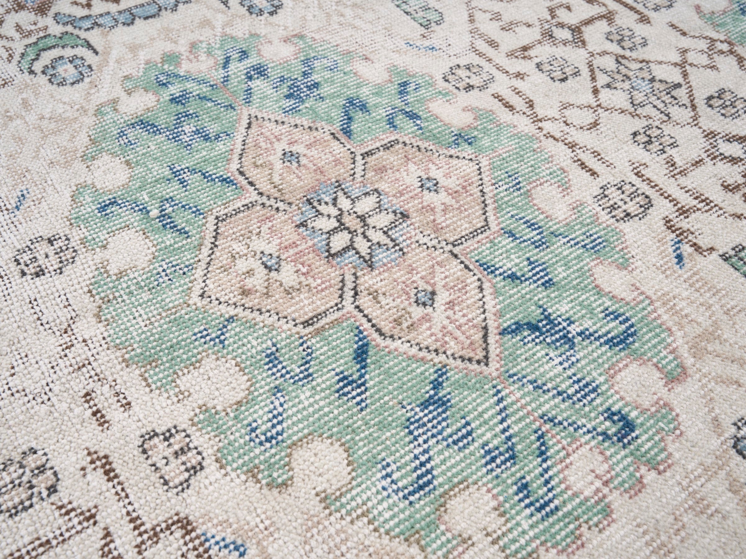Turkish Isparta area rug in cream and blue gray, view 7 of 10