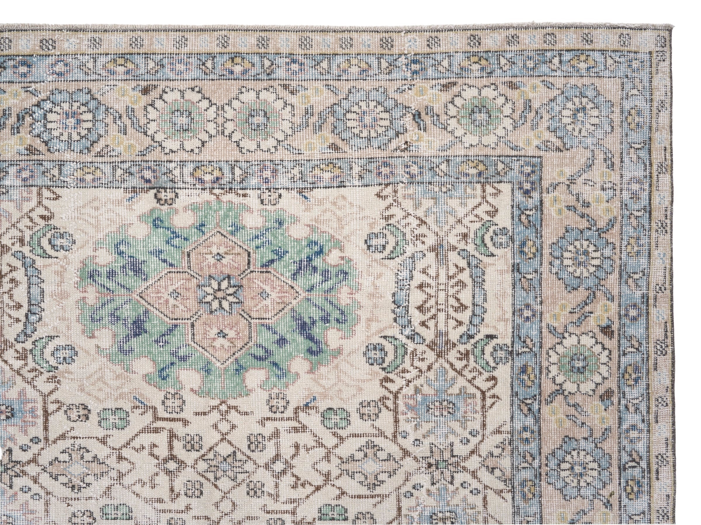 Turkish Isparta area rug in cream and blue gray, view 8 of 10