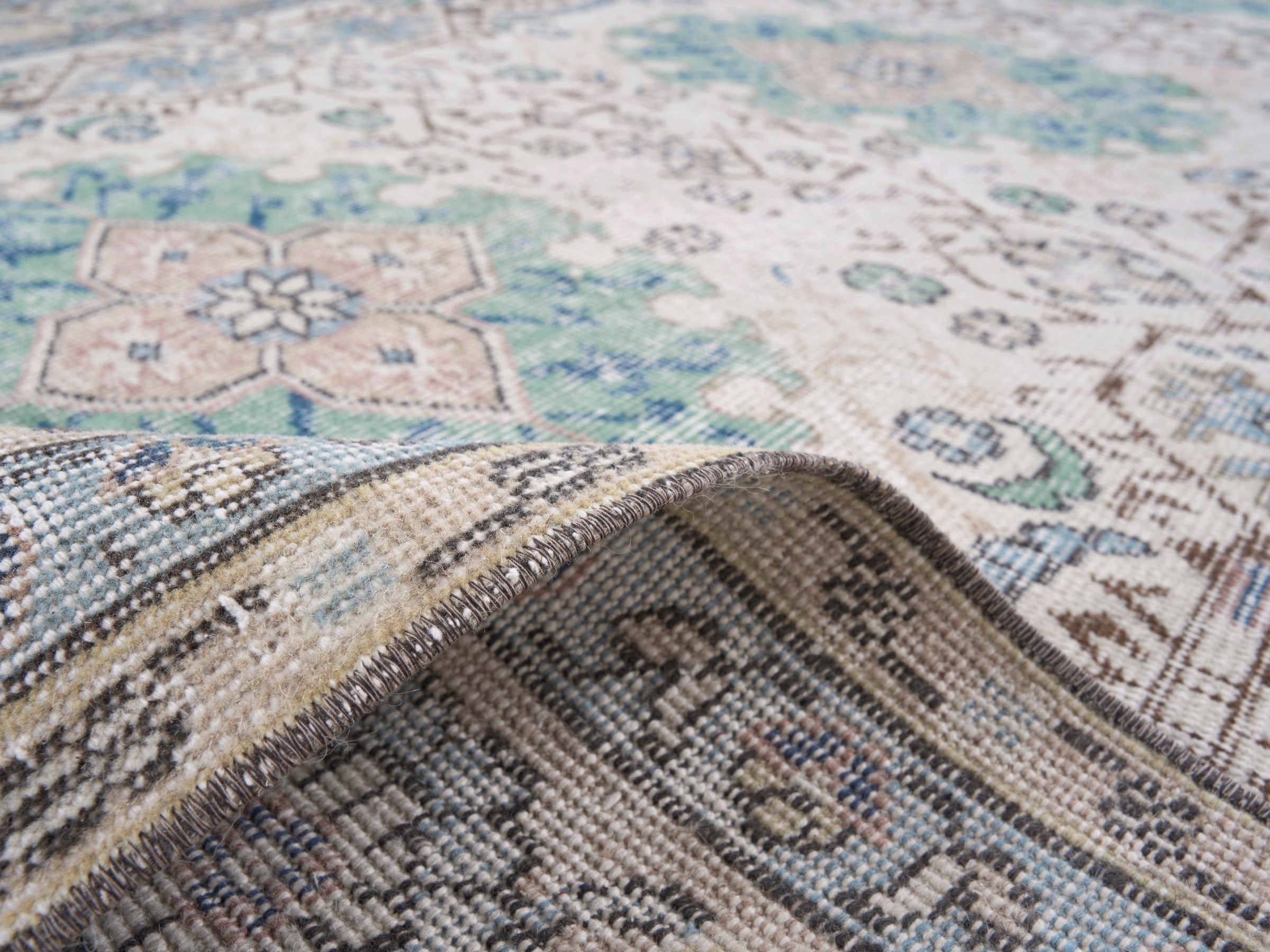 Turkish Isparta area rug in cream and blue gray, view 9 of 10