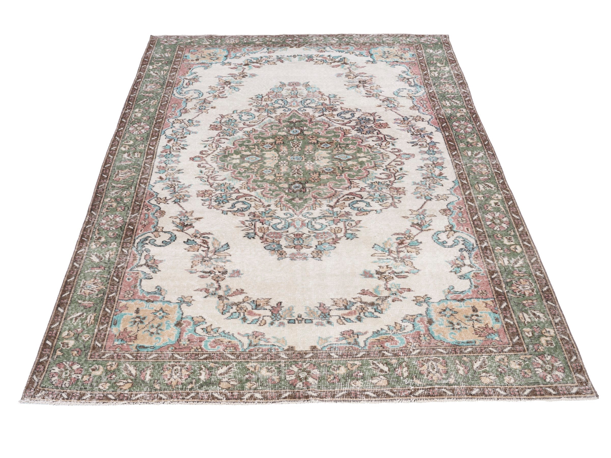 Turkish Isparta area rug in ivory and sage, view 2 of 10