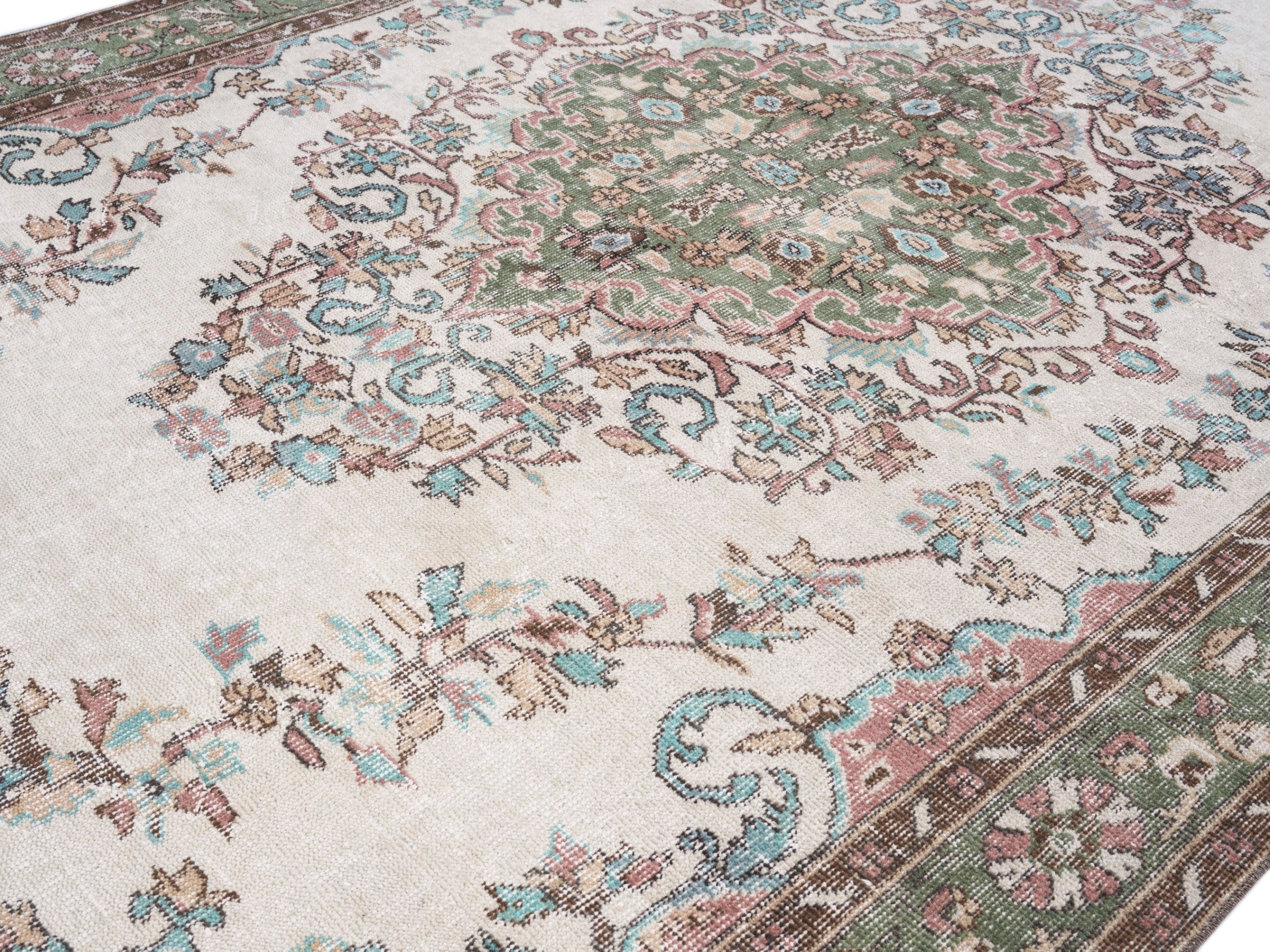 Turkish Isparta area rug in ivory and sage, view 4 of 10