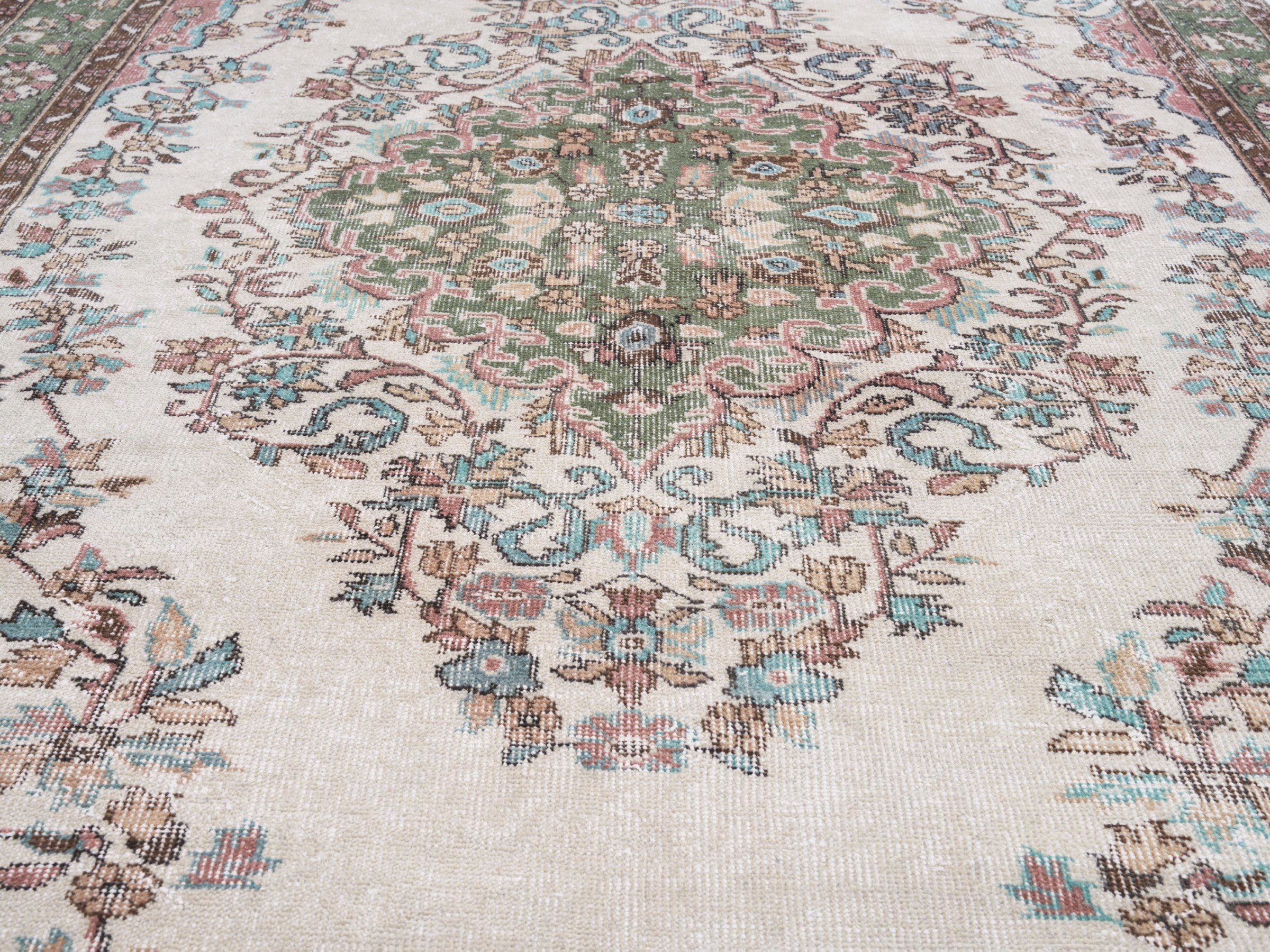 Turkish Isparta area rug in ivory and sage, view 5 of 10