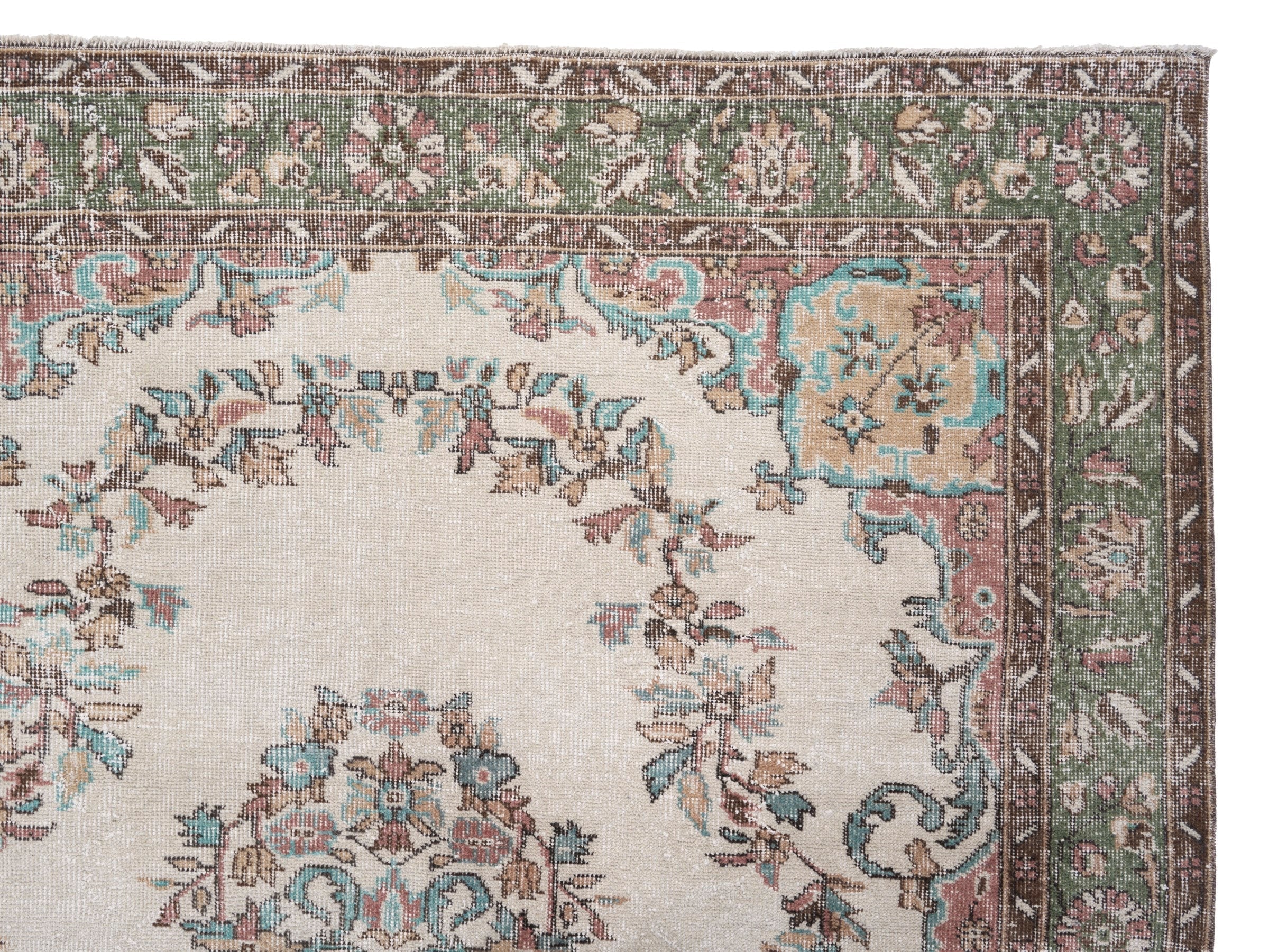 Turkish Isparta area rug in ivory and sage, view 8 of 10