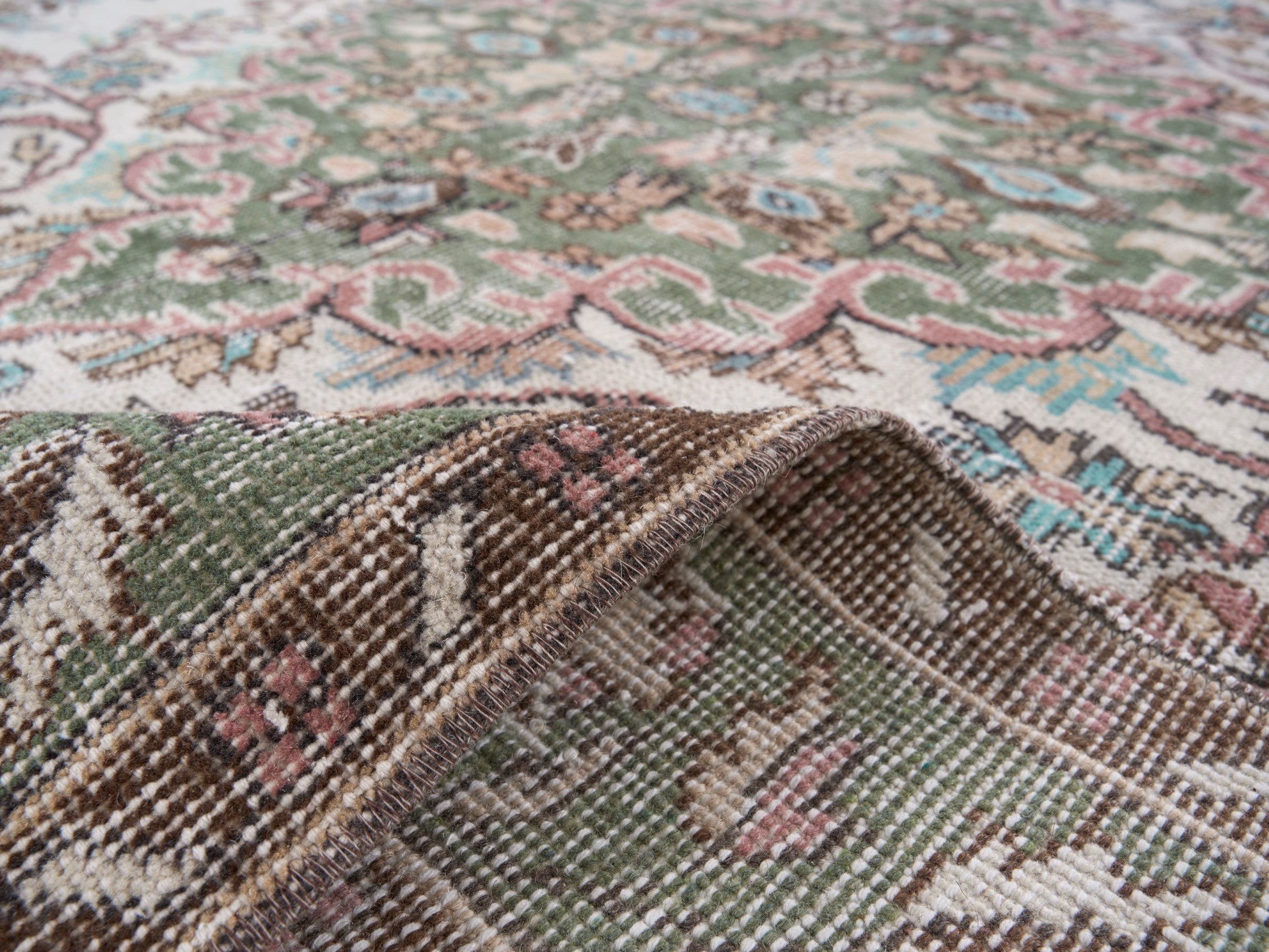 Turkish Isparta area rug in ivory and sage, view 9 of 10