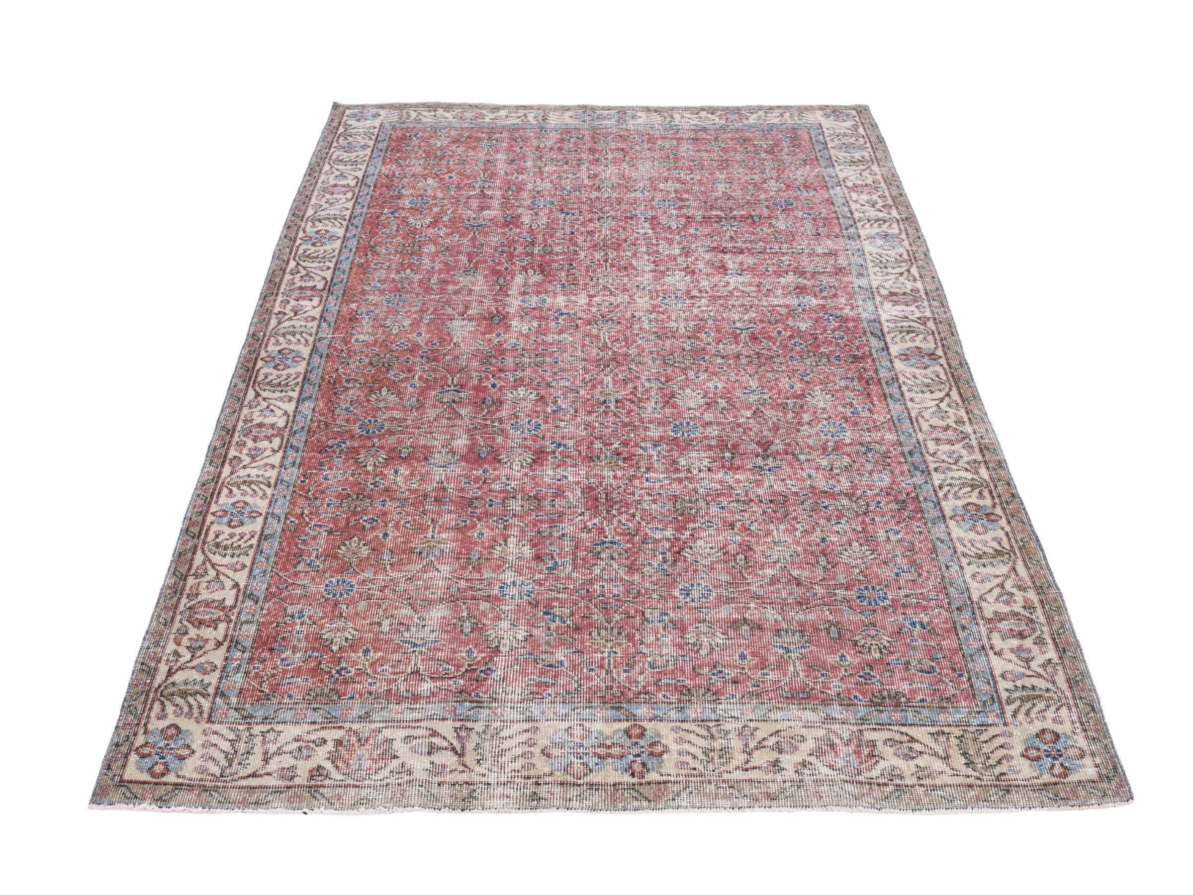 Turkish Isparta area rug in faded red and cream, view 2 of 10