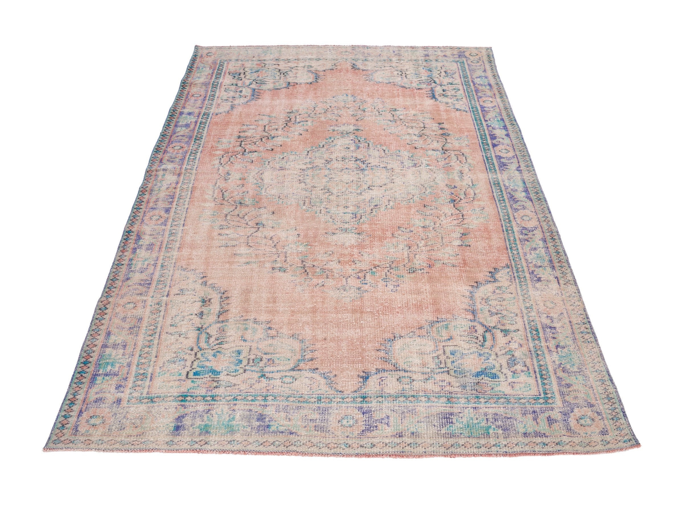 Turkish Manisa area rug in muted pink and slate blue, view 2 of 10