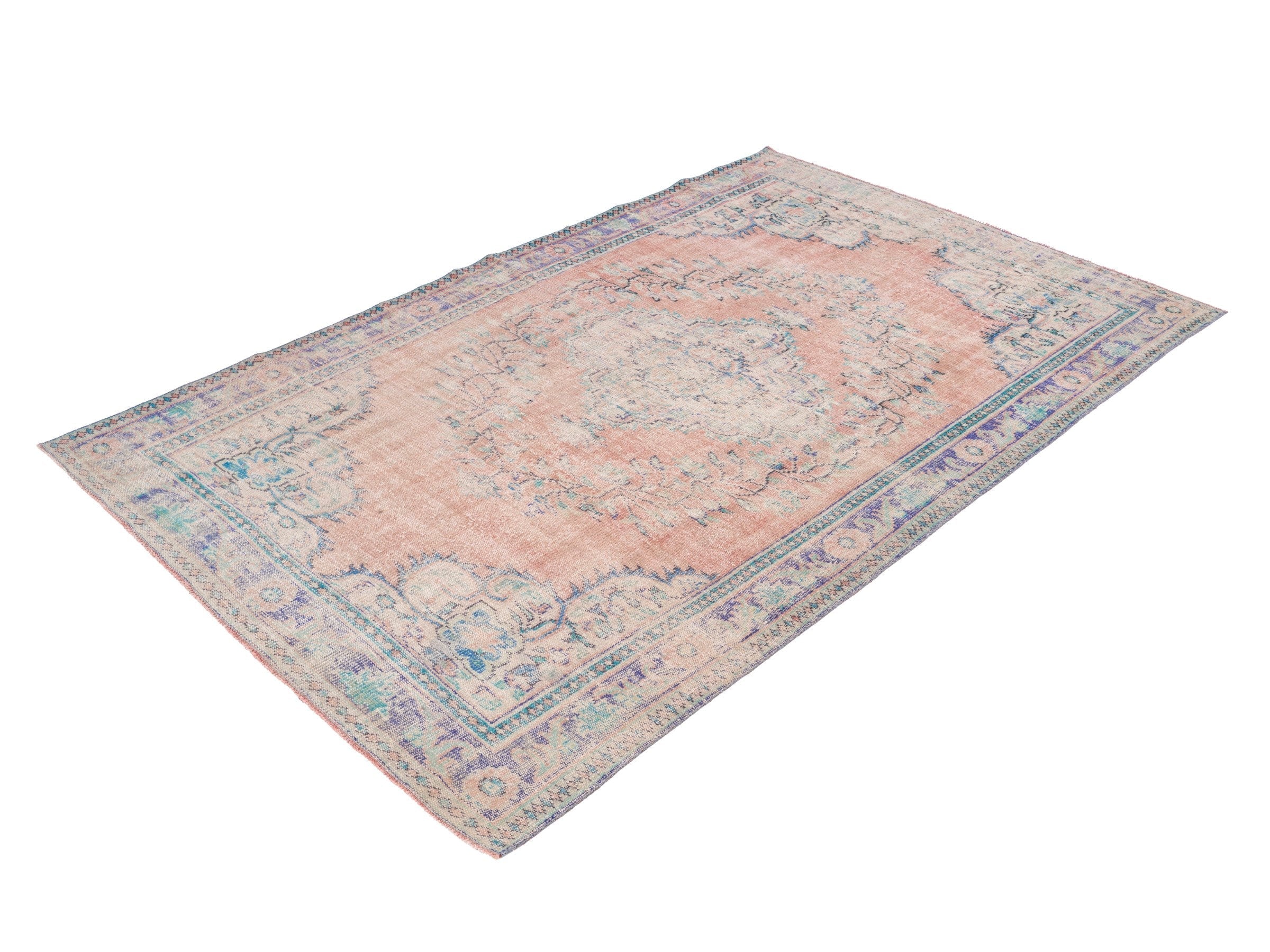 Turkish Manisa area rug in muted pink and slate blue, view 3 of 10