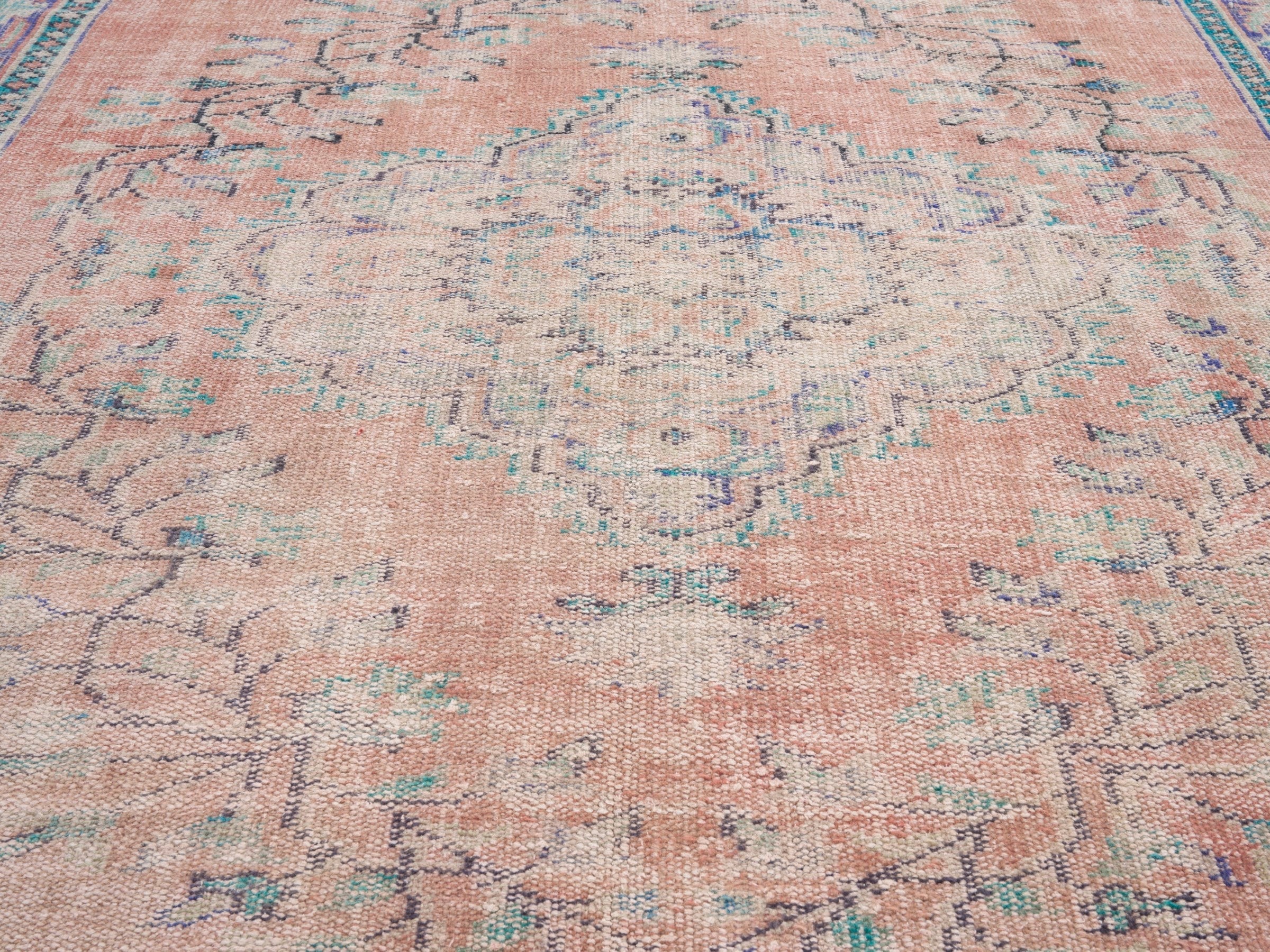 Turkish Manisa area rug in muted pink and slate blue, view 4 of 10