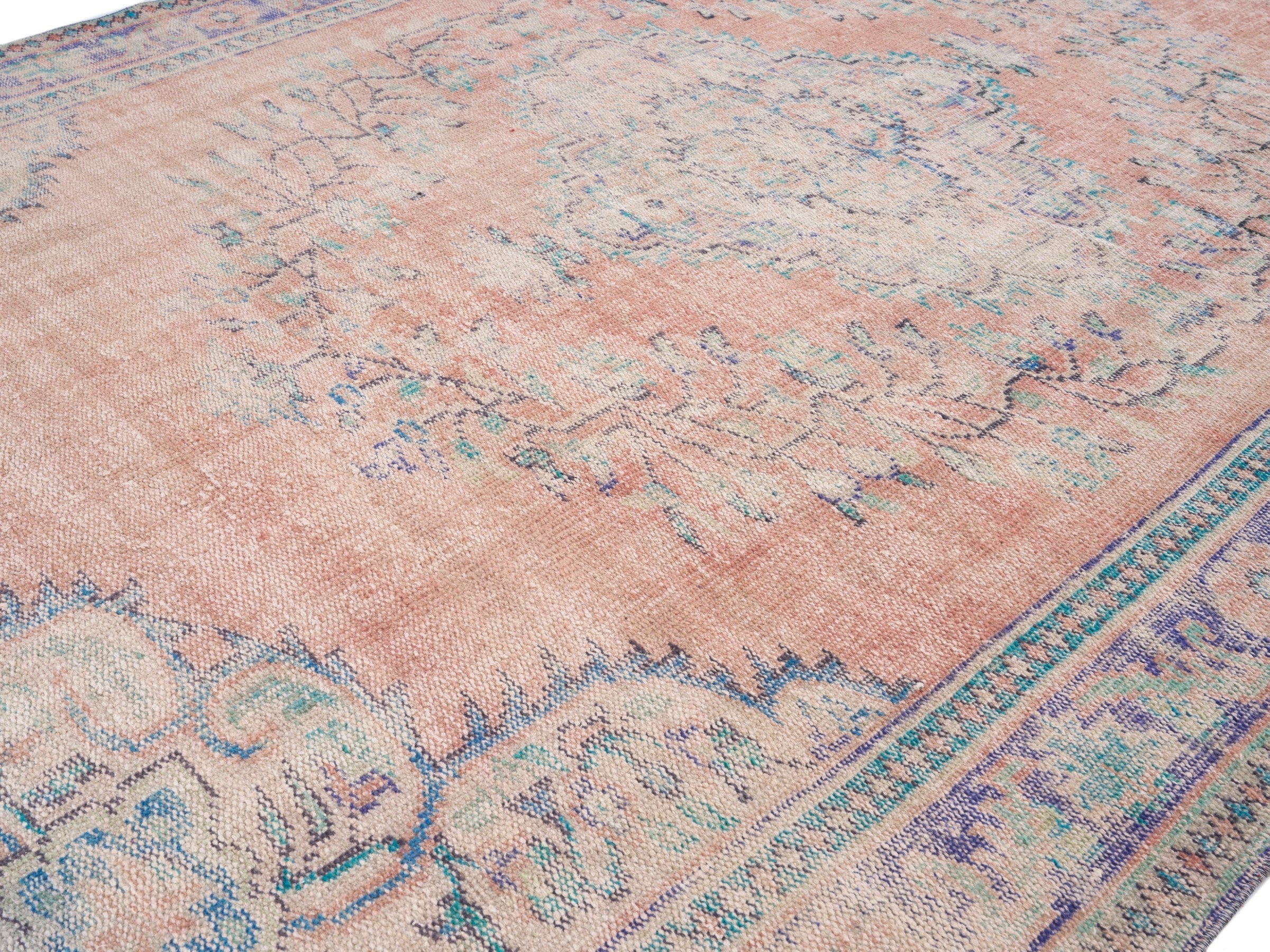 Turkish Manisa area rug in muted pink and slate blue, view 5 of 10