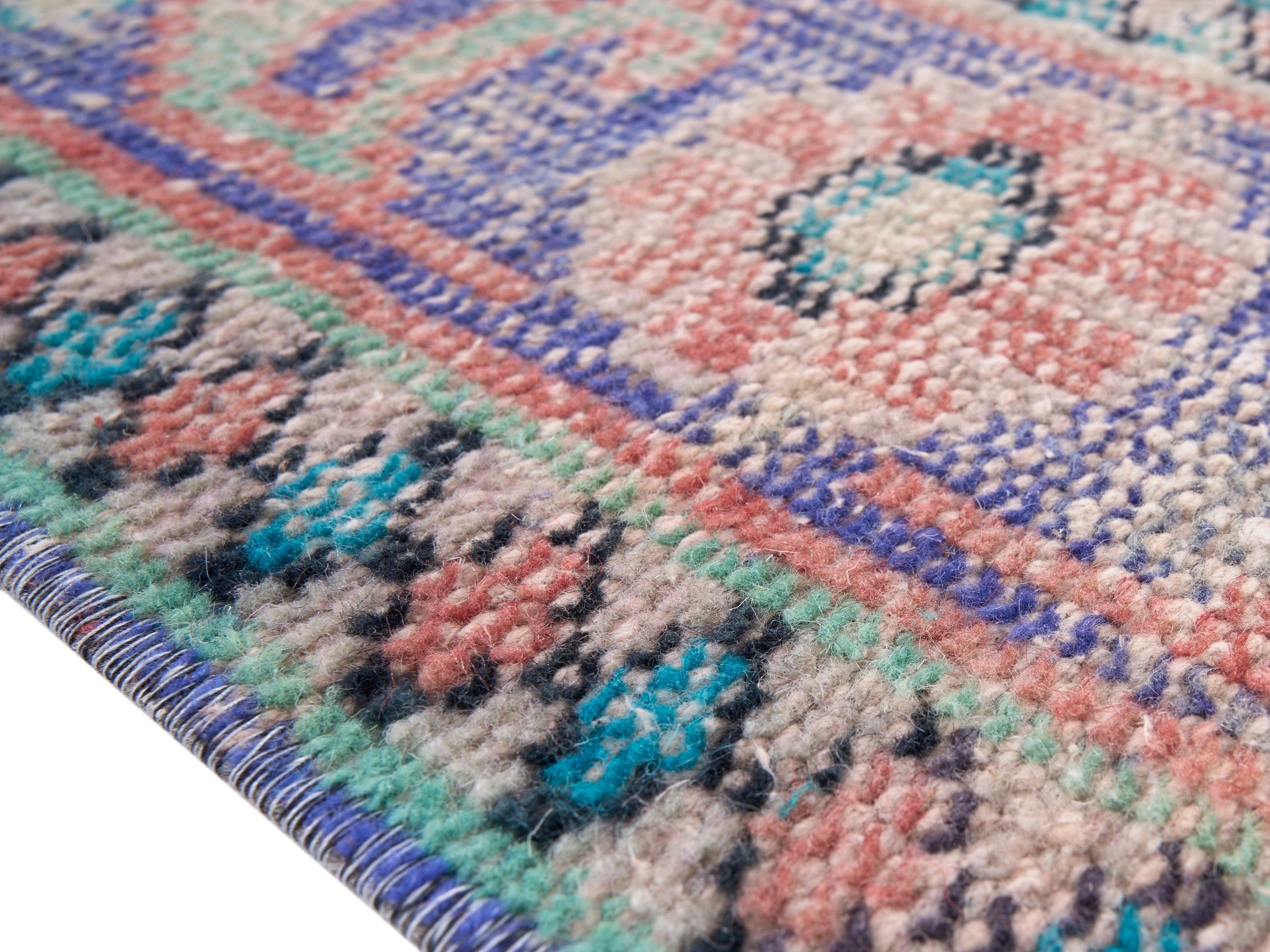 Turkish Manisa area rug in muted pink and slate blue, view 6 of 10